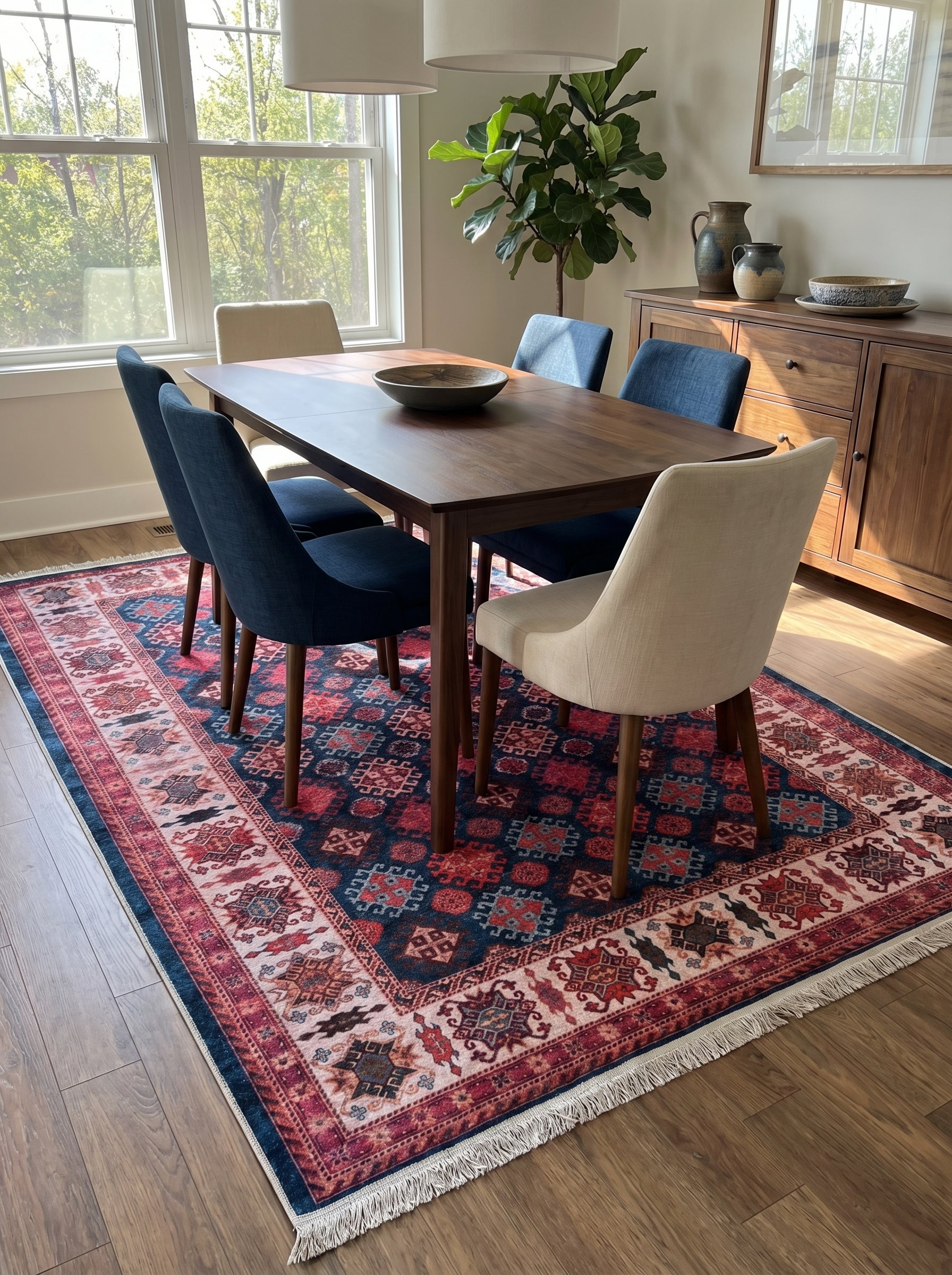 Tapis rectangulaire aux motifs traditionnels rouges, bleu marine et crème, avec une bordure claire et des franges, dans une salle à manger