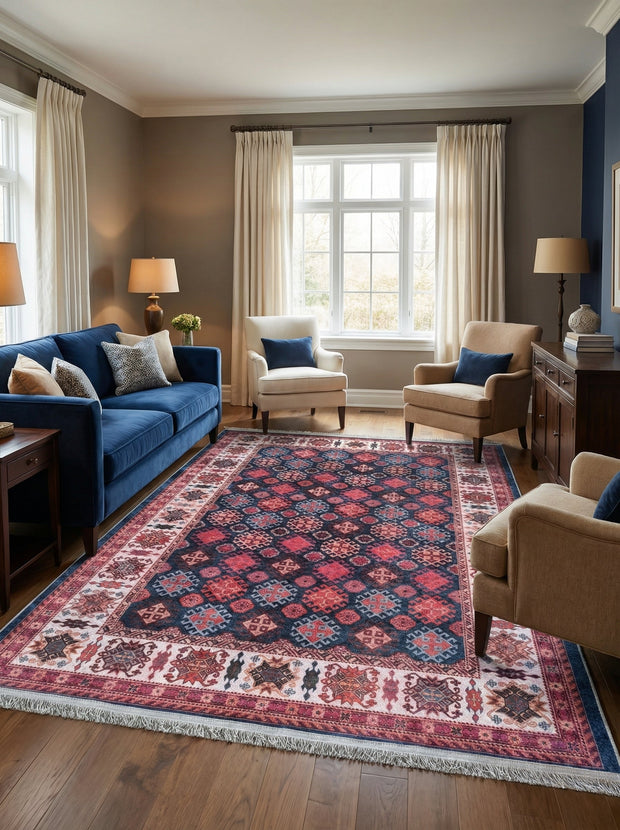 Wasbaar vloerkleed Oosters Marineblauw en Roze - Terrazzo
