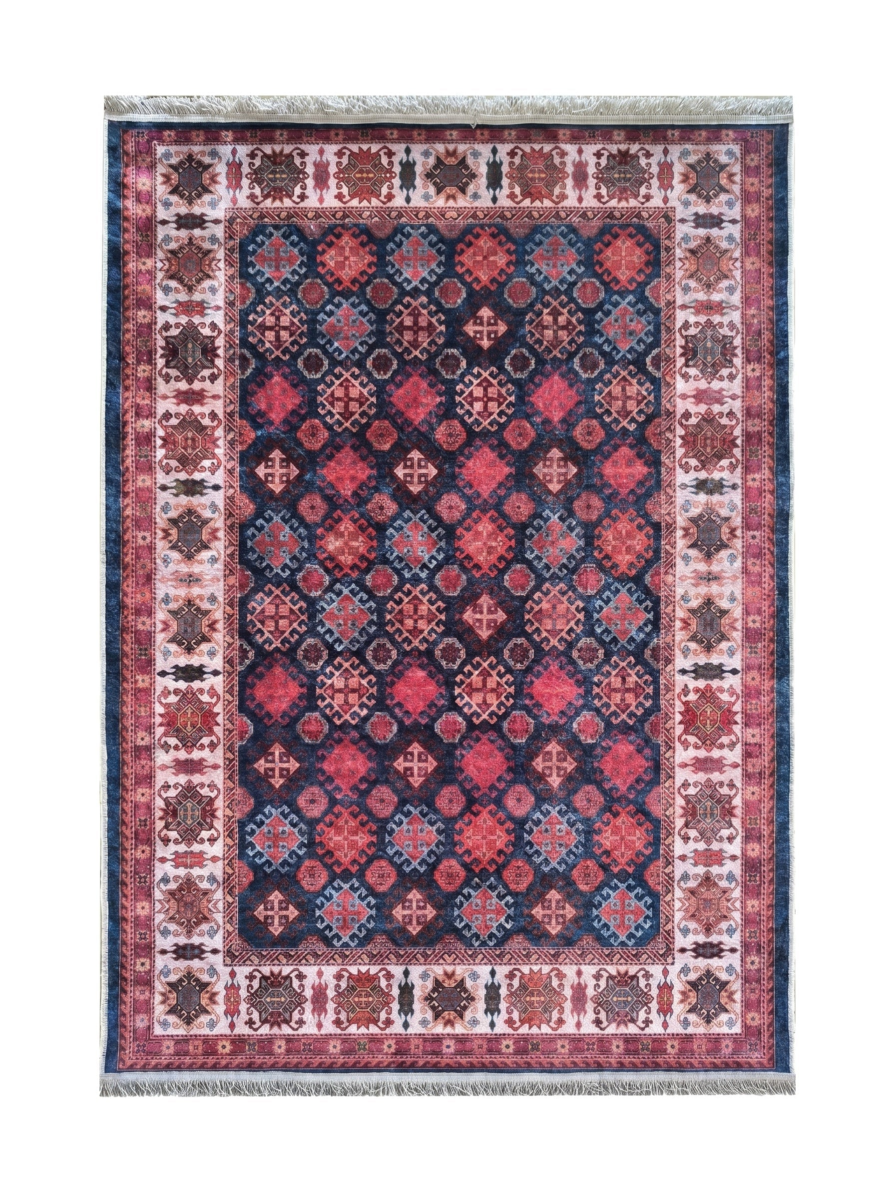 Tapis rectangulaire aux motifs géométriques traditionnels, principalement bleu foncé, rouge et crème, avec des franges