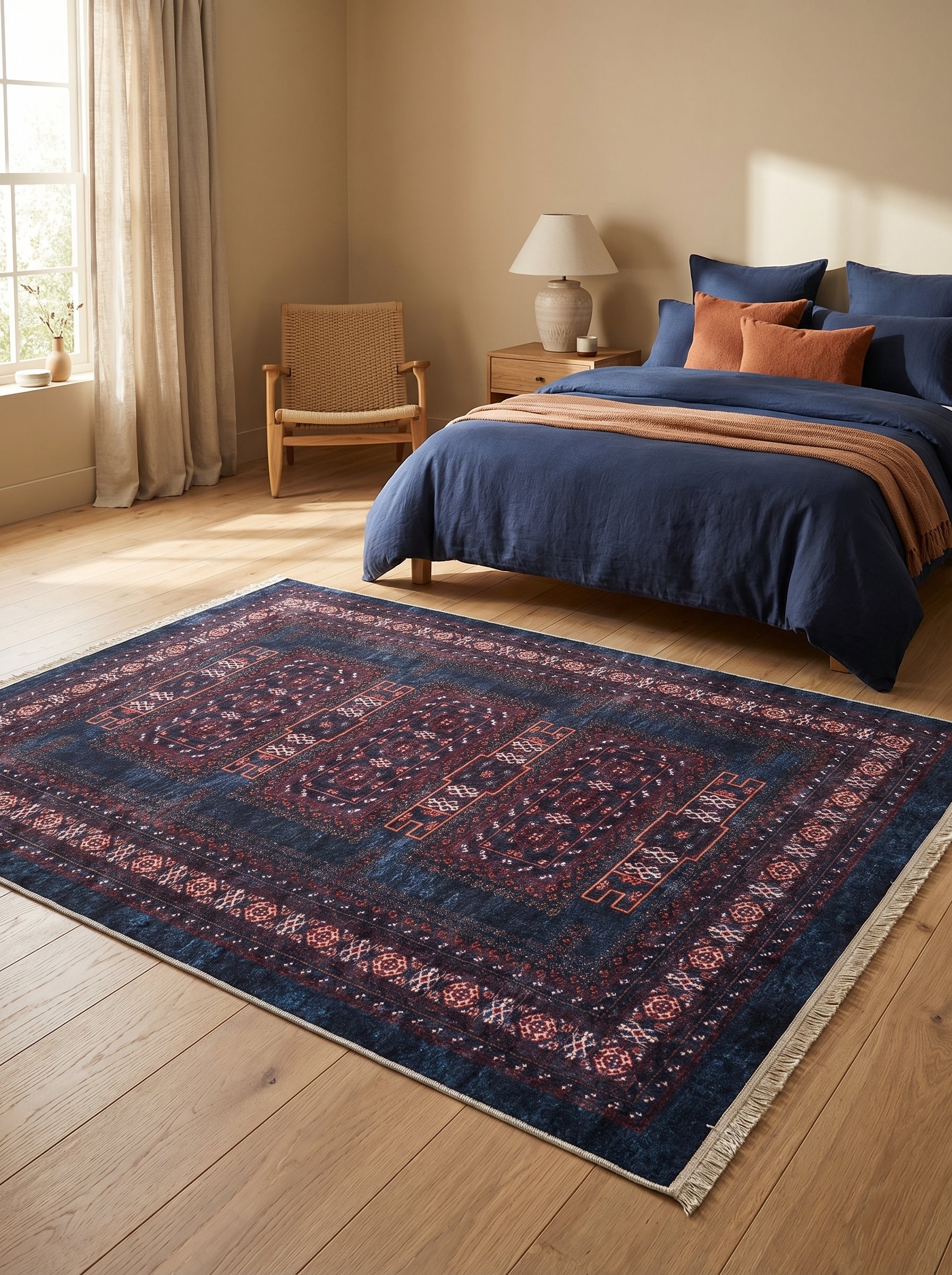 Tapis rectangulaire bleu foncé aux motifs géométriques rouge terre cuite et crème, posé sur un parquet clair dans une chambre