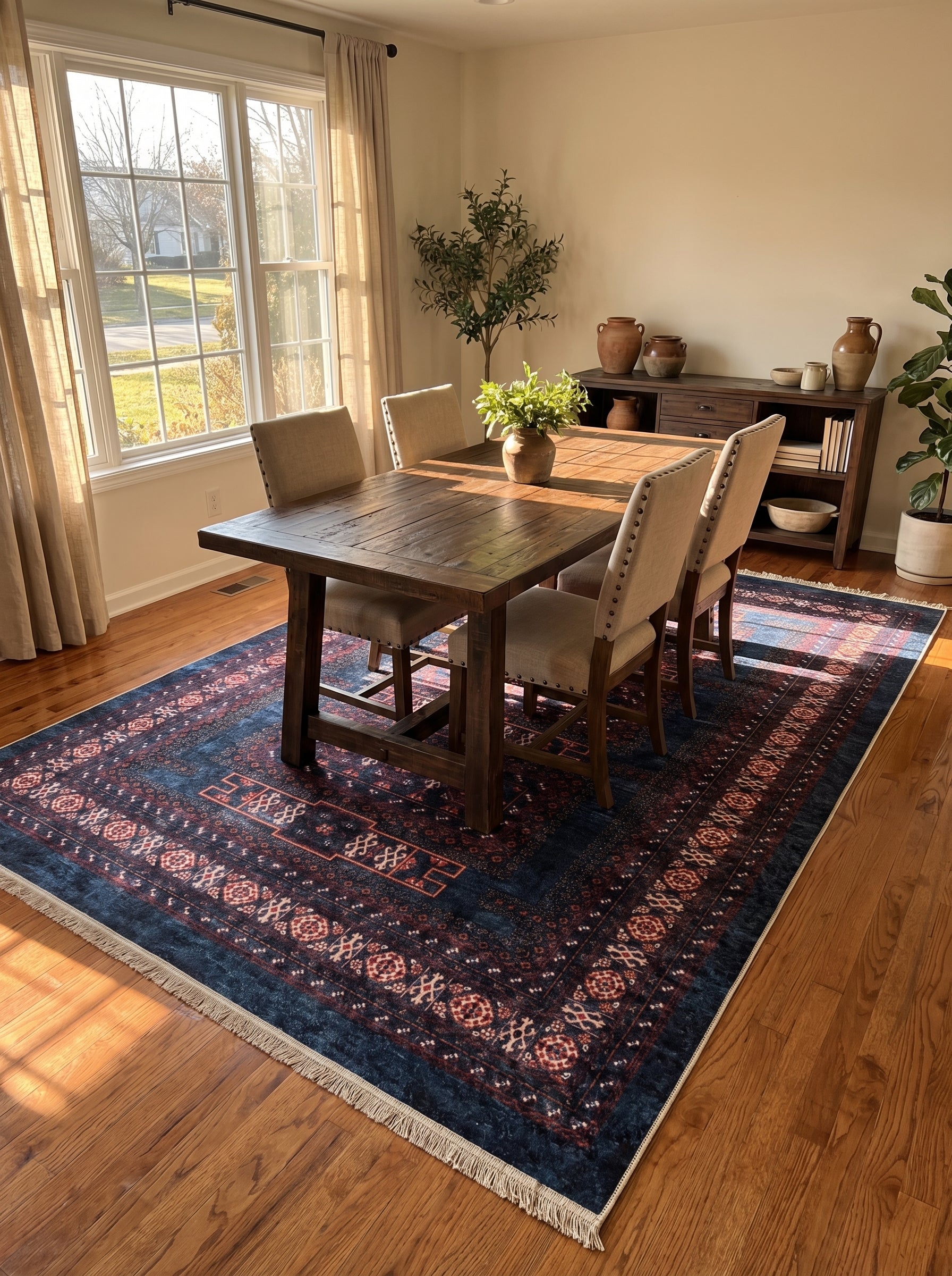 Tapis rectangulaire bleu marine aux motifs géométriques rouges et crème, avec franges, sur parquet dans une salle à manger ensoleillée