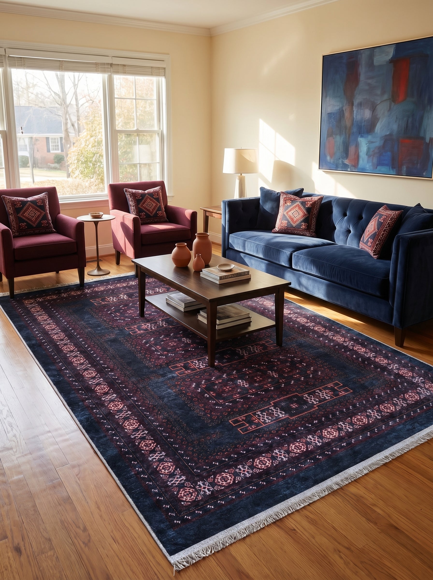Tapis à franges bleu nuit aux motifs géométriques rouge-bordeaux et crème, sur un parquet en bois dans un salon lumineux
