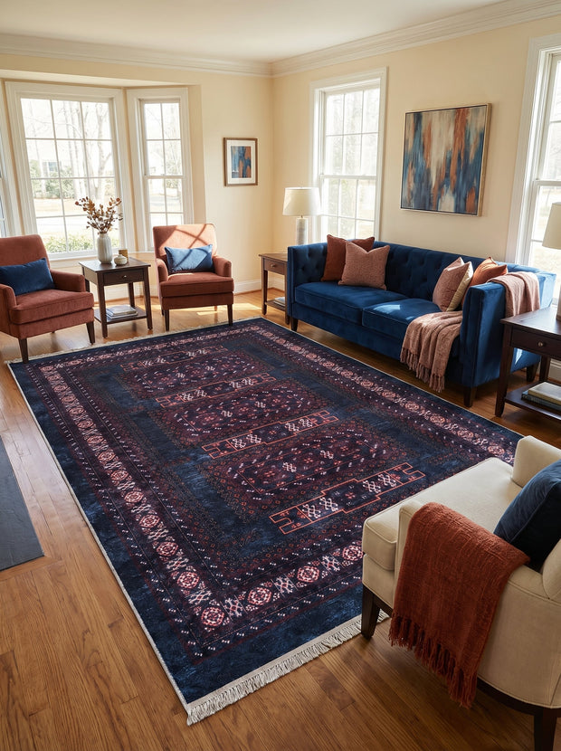 Tapis Lavable Oriental Bleu Marine et Rouge - Terrazzo