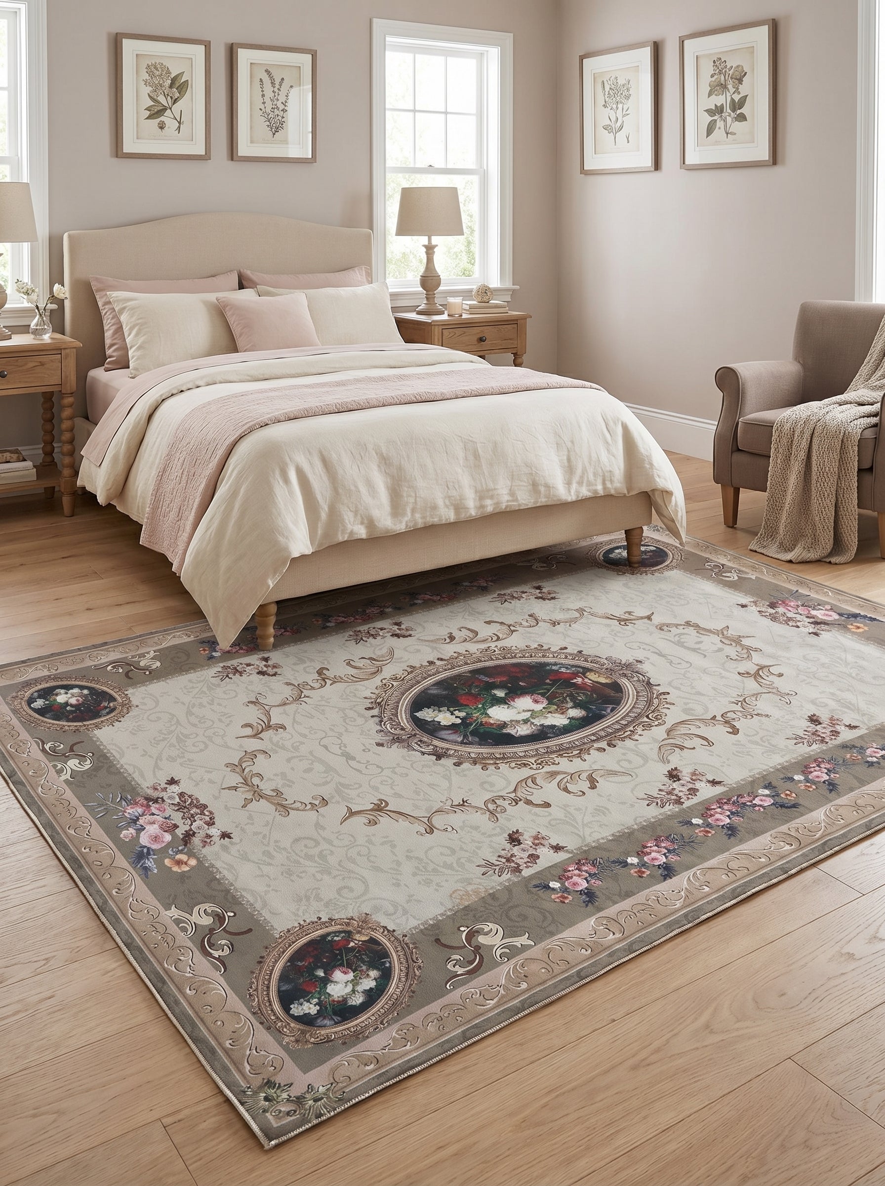 Tapis rectangulaire beige clair à motifs de volutes dorées et médaillons floraux colorés, bordure taupe ornée de fleurs, dans une chambre