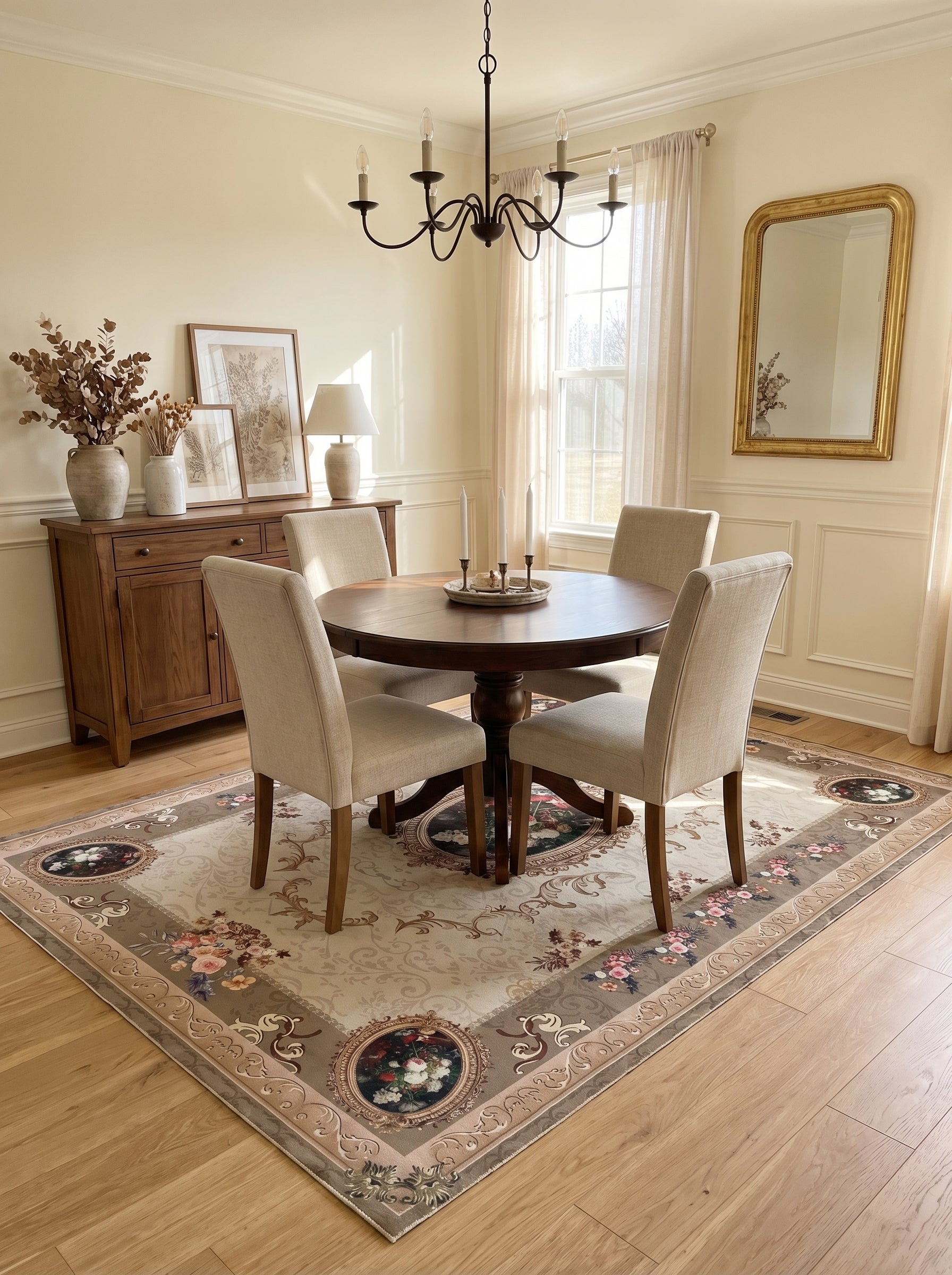 Tapis rectangulaire beige et taupe avec motifs floraux colorés, médaillons et arabesques. Dans une salle à manger élégante