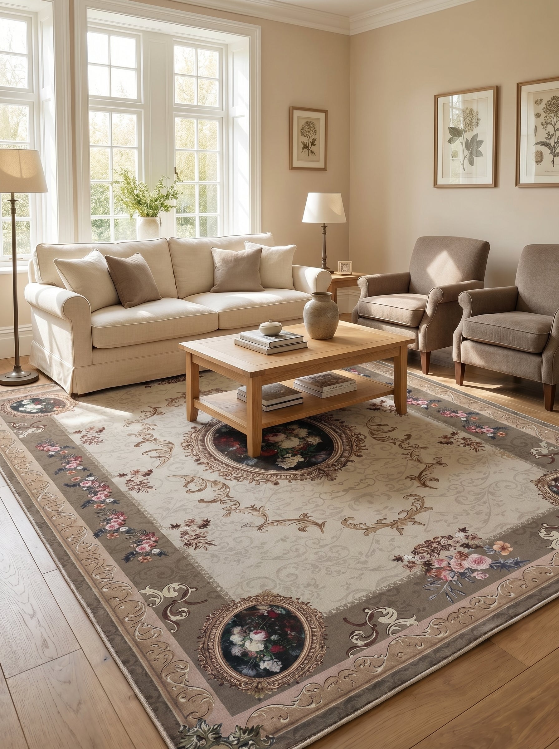 Tapis rectangulaire crème et taupe aux motifs classiques, médaillon floral central, et bordures à volutes et bouquets de fleurs dans un salon