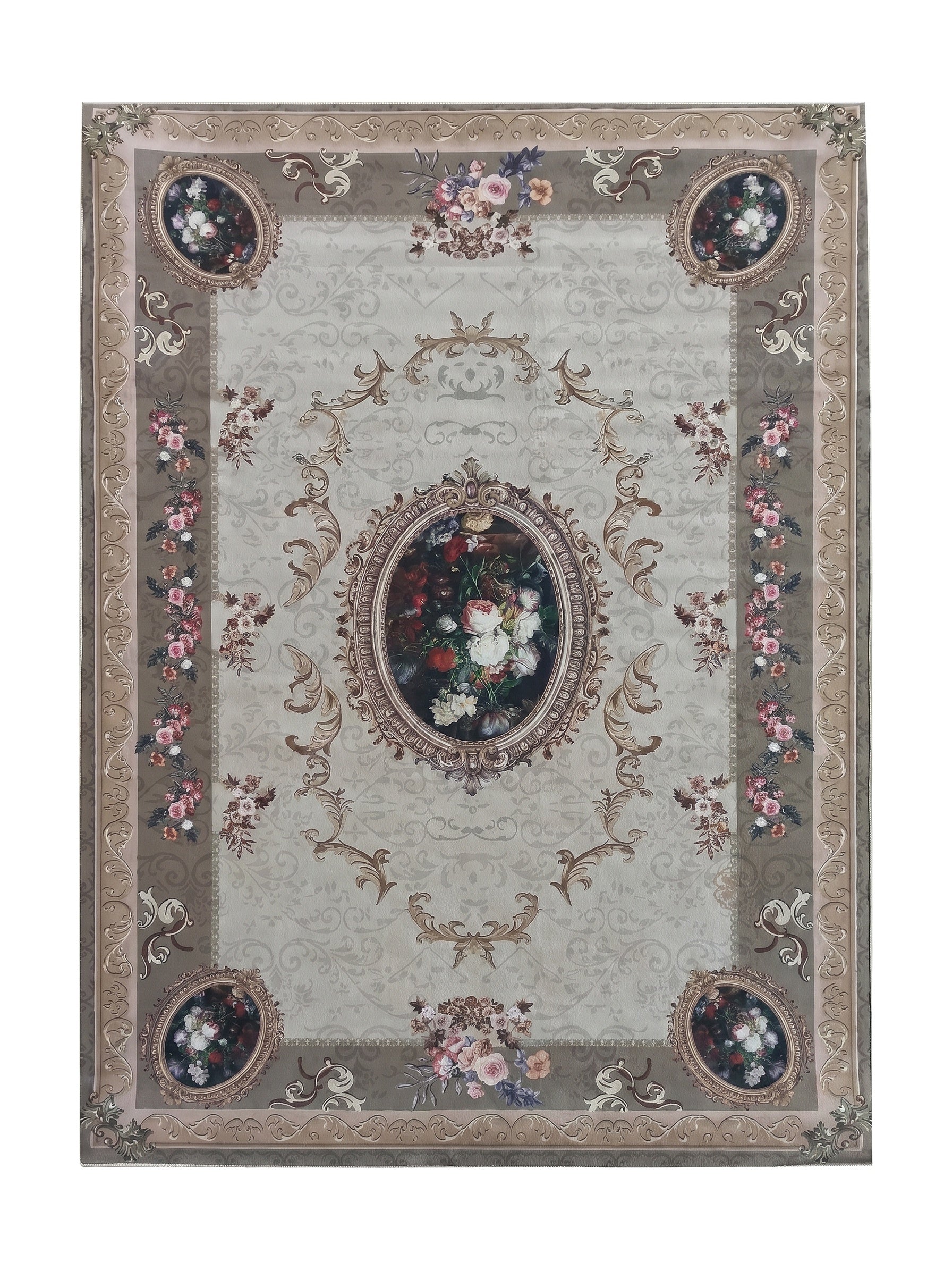 Tapis classique beige et marron avec médaillon floral central et bordure ornée de volutes et de bouquets