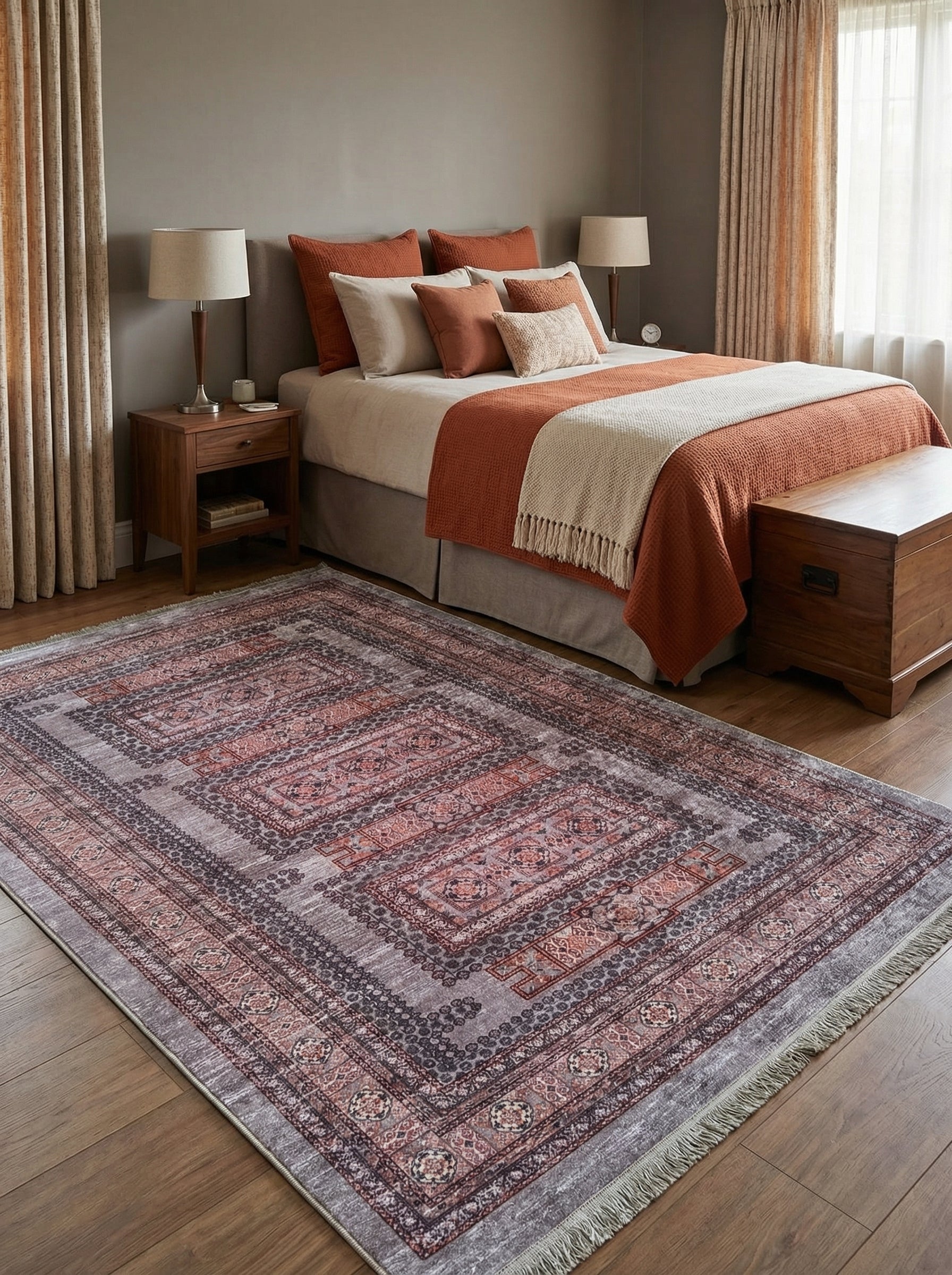 Tapis rectangulaire aux motifs traditionnels vieillis, dans des tons gris-lavande et rouge terre cuite, avec de fines franges. Posé sur un plancher en bois dans une chambre
