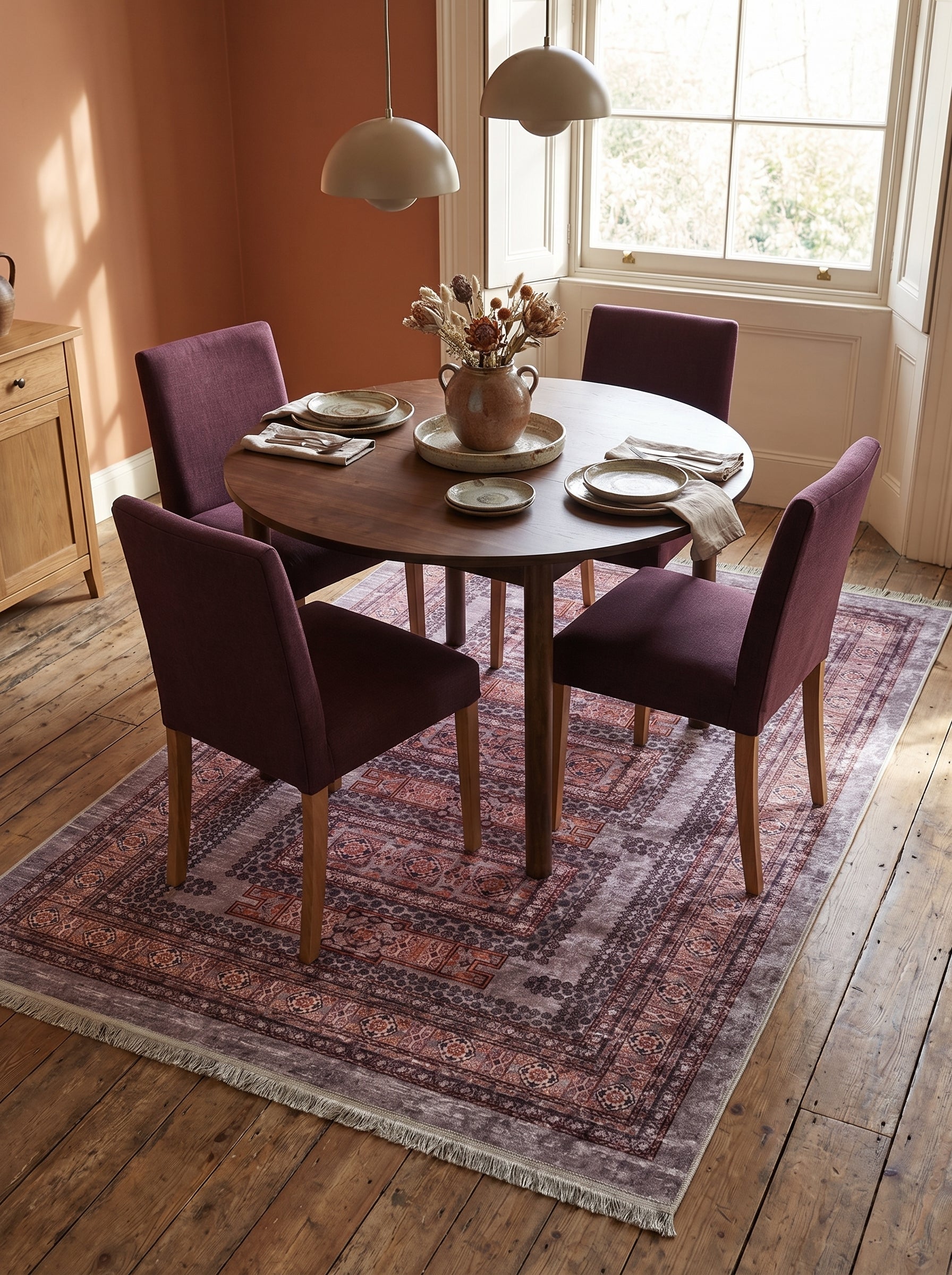 Tapis rectangulaire à motifs orientaux patinés bordeaux, terracotta et gris, avec franges, dans une salle à manger