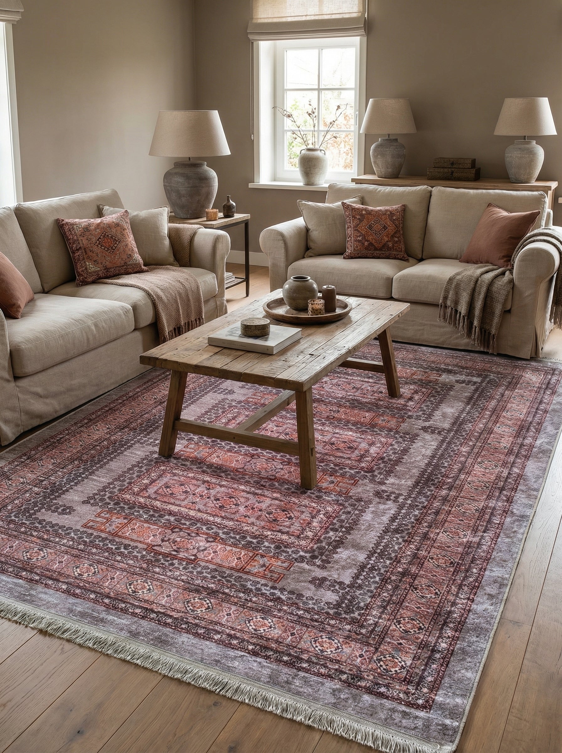 Tapis rectangulaire aux motifs traditionnels bordeaux, ocres et gris délavés, avec franges, dans un salon chaleureux