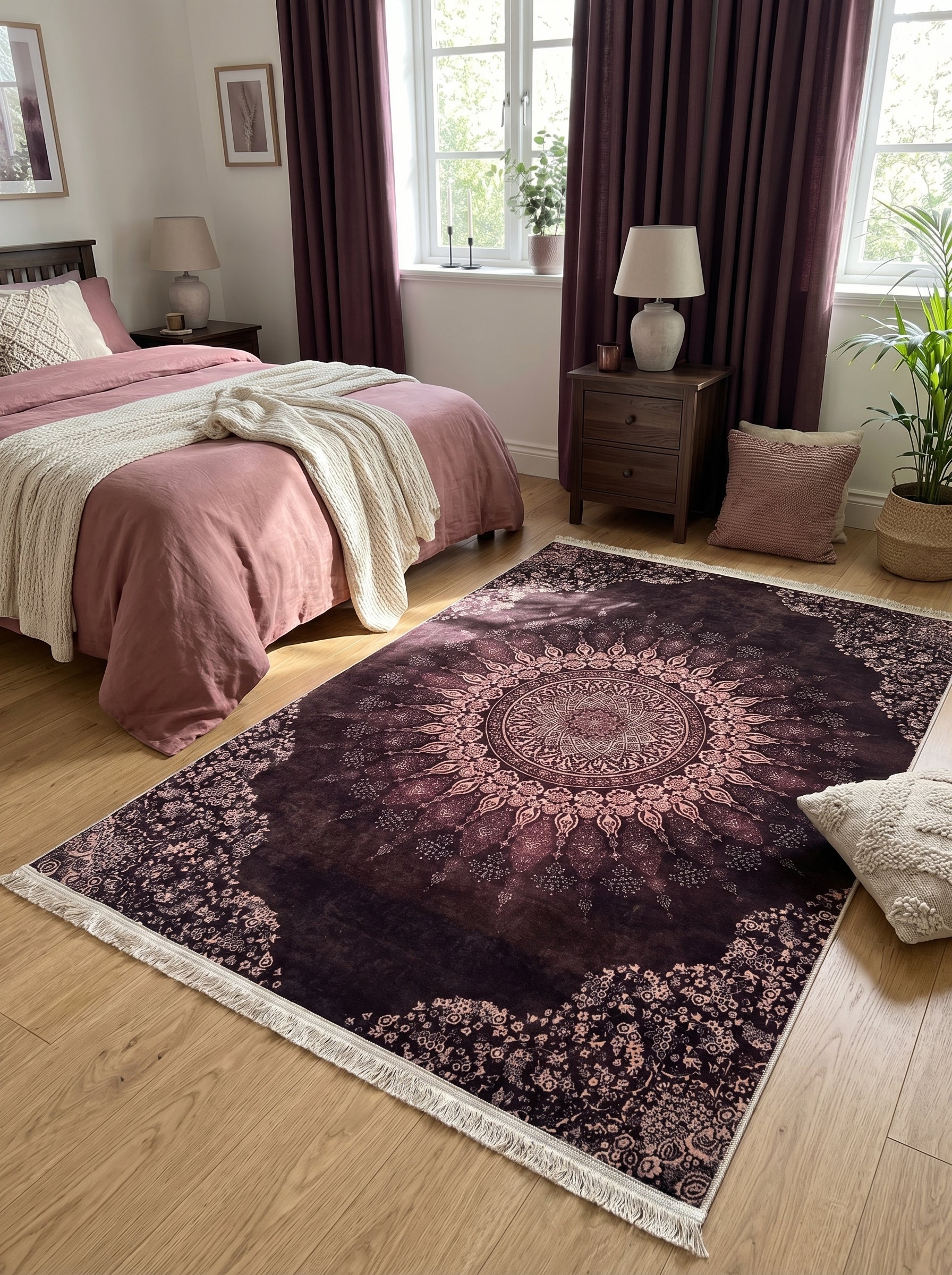 Tapis rectangulaire à franges, couleur aubergine orné d'un grand mandala central et de motifs floraux rose pâle. Il est posé dans une chambre