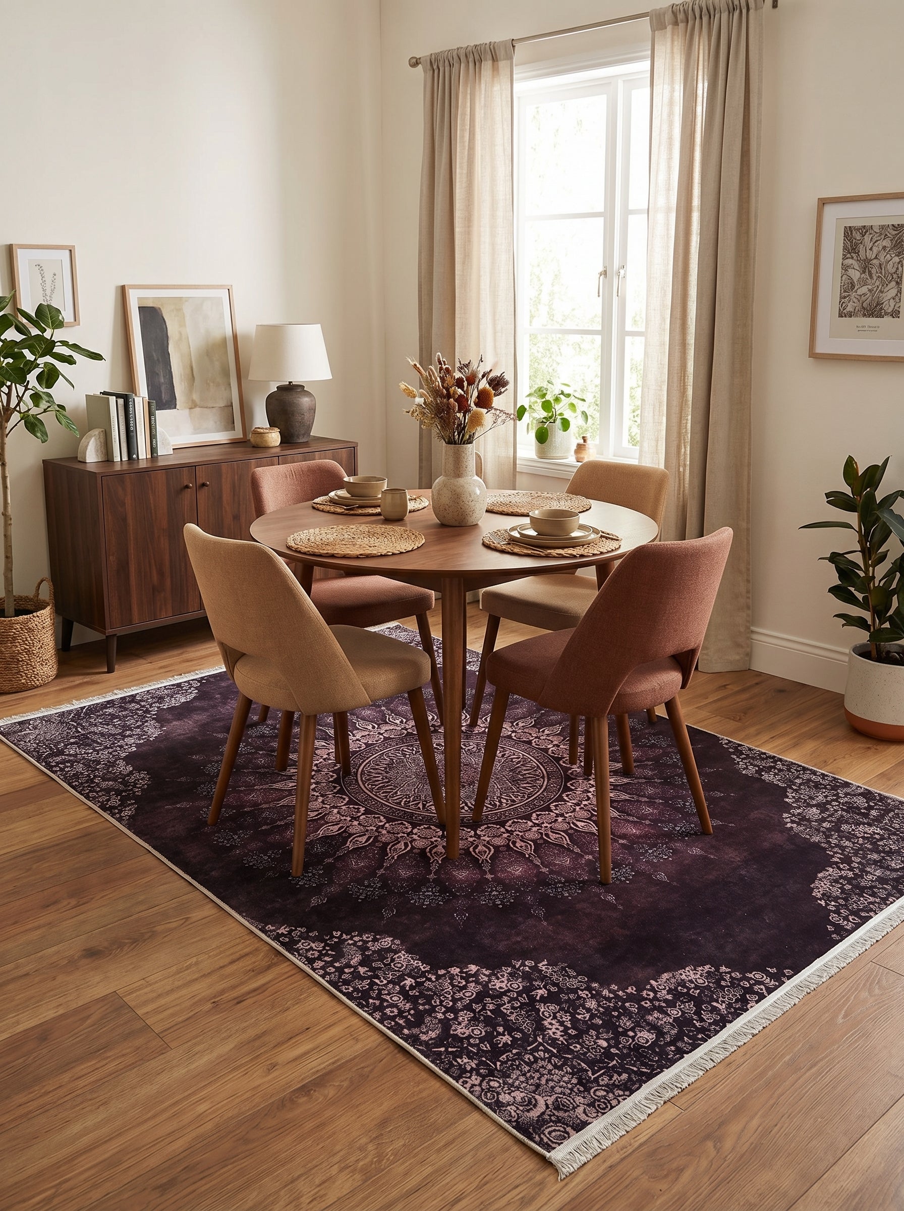 Tapis rectangulaire prune foncé orné de motifs mandala et floraux vieillis rose pâle, avec franges claires, dans une salle à manger