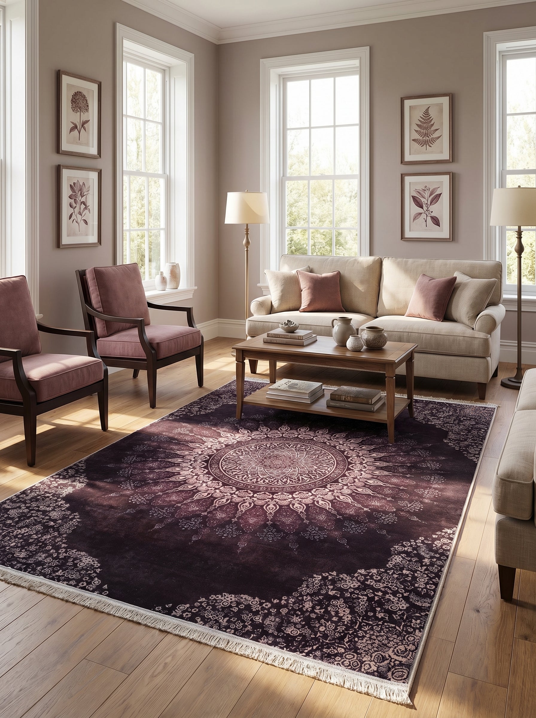 Grand tapis rectangulaire prune foncée à franges, avec un médaillon central et des motifs floraux rose poudré, dans un salon