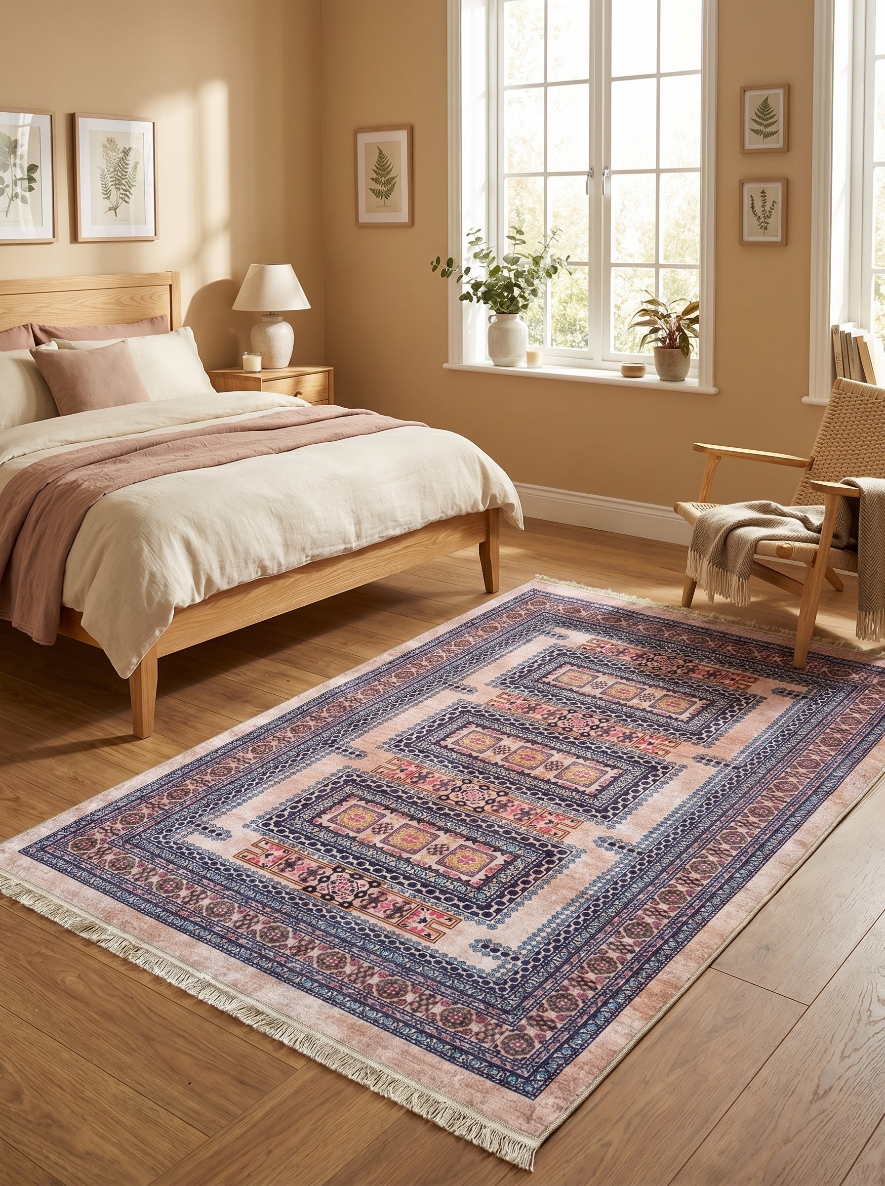 Tapis rectangulaire rose pâle à motifs ethniques géométriques bleus, rouges et ocre, avec franges, sur parquet dans une chambre moderne