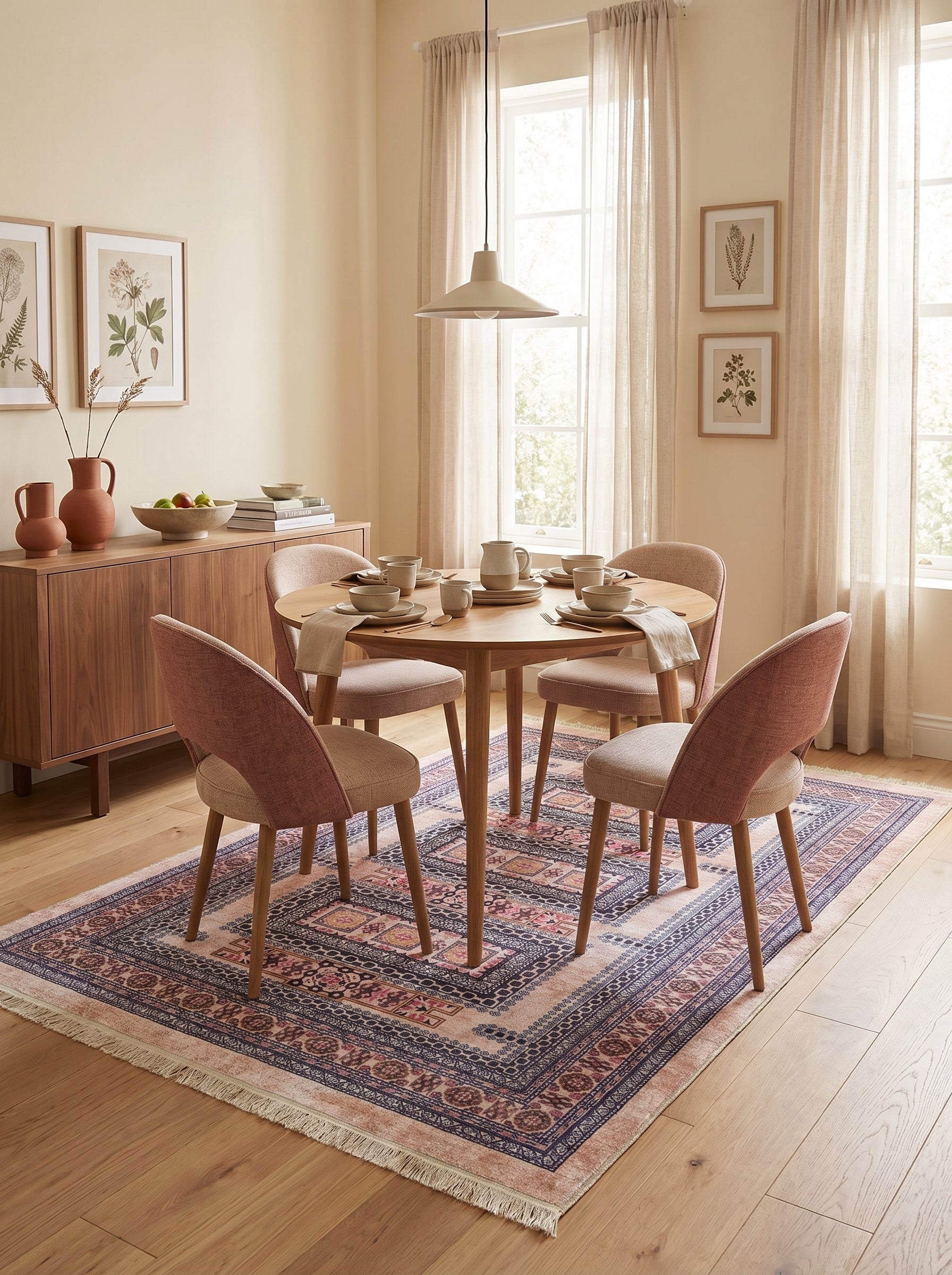 Tapis rectangulaire à motifs persans rose poudré et bleu nuit avec bordures frangées, habillant une salle à manger lumineuse