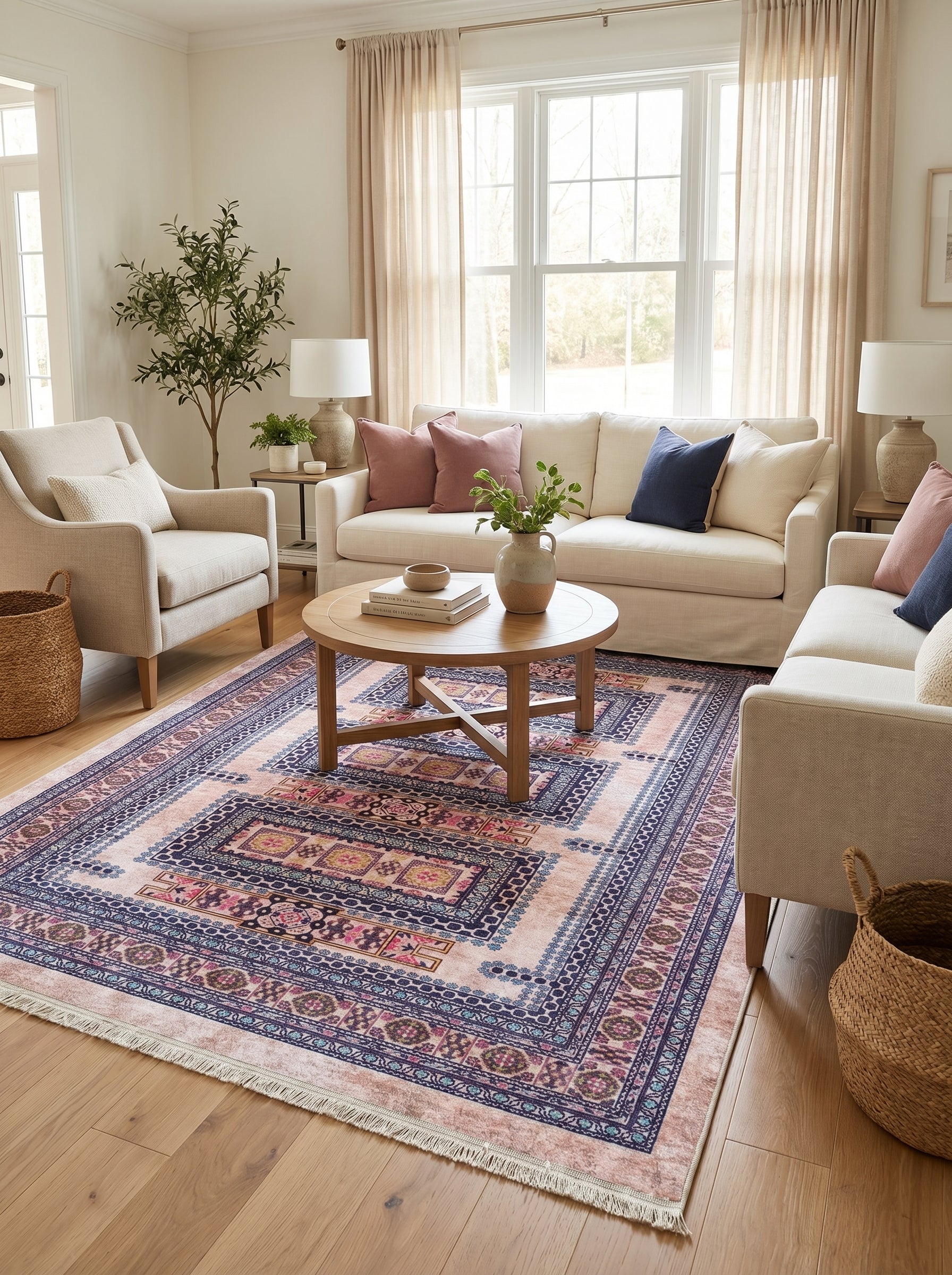 Tapis rectangulaire aux motifs géométriques et ethniques, majoritairement rose pâle, bleu marine et bordeaux, avec des franges claires, posé sur un parquet dans un salon lumineux