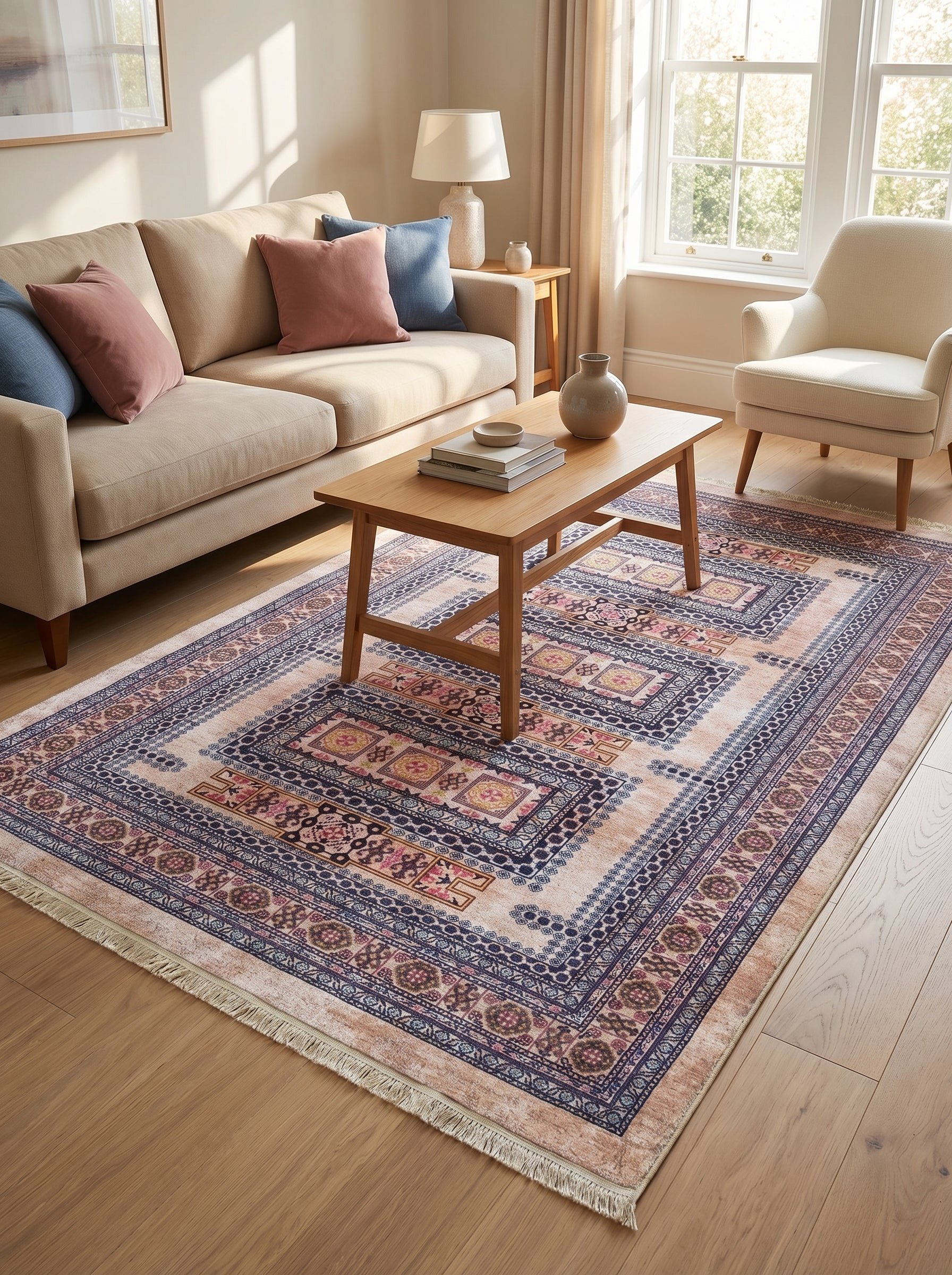 Tapis rectangulaire aux motifs traditionnels complexes beige, bleu foncé et rose avec franges claires dans un salon lumineux
