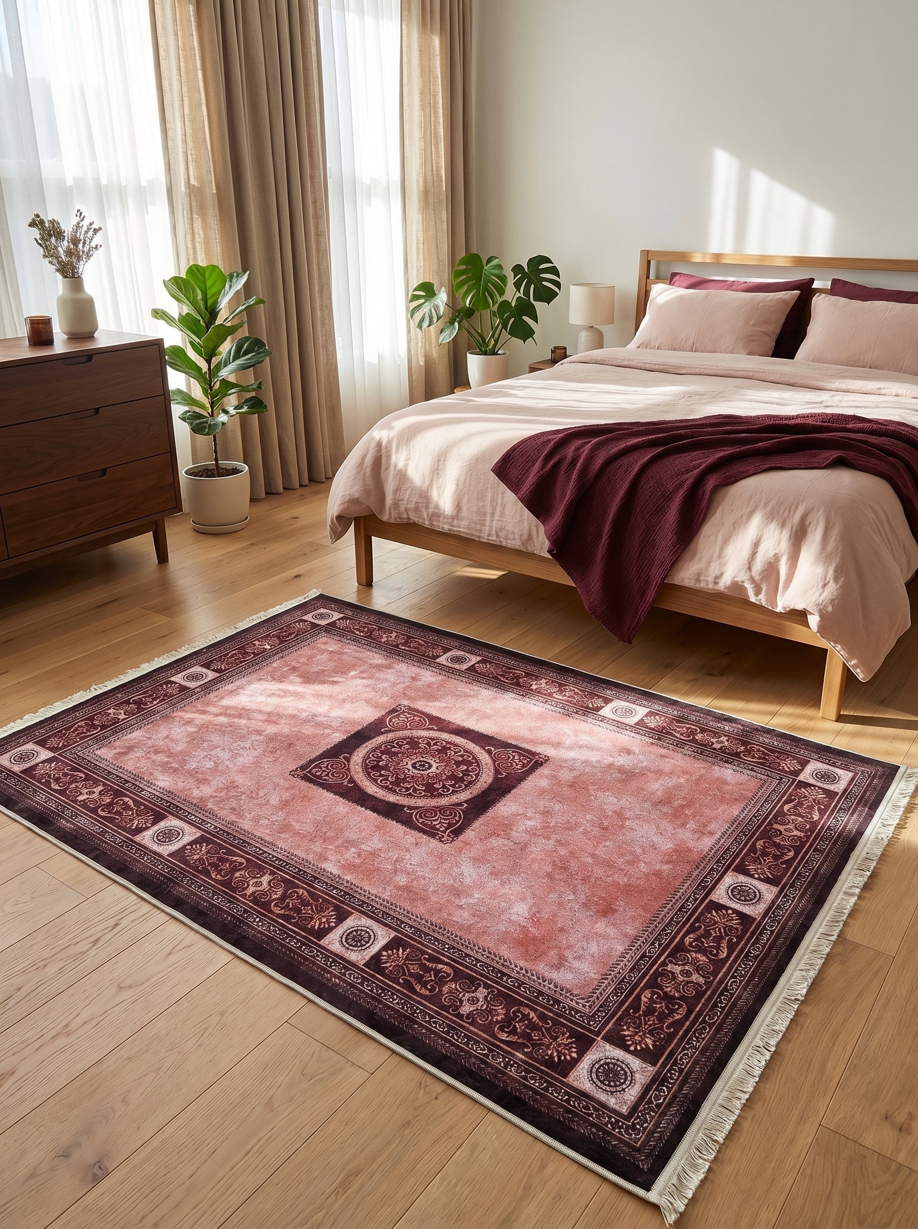 Tapis rectangulaire rose ancien à motifs bordeaux élaborés, avec médaillon central et franges claires, posé sur un parquet dans une chambre