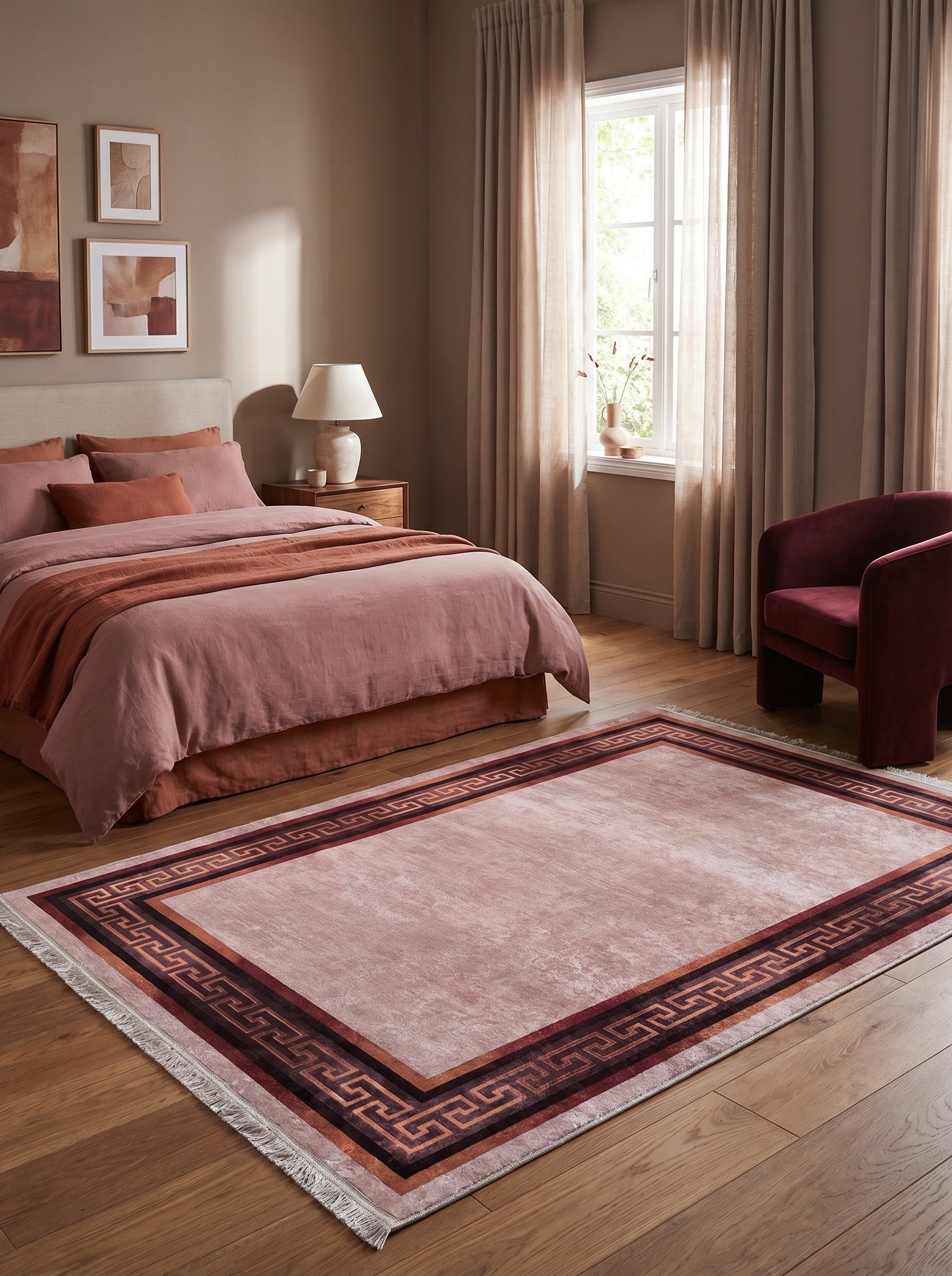Tapis rectangulaire rose clair texturé avec une bordure géométrique marron et terracotta, posé sur un parquet dans une chambre à coucher aux tons chauds