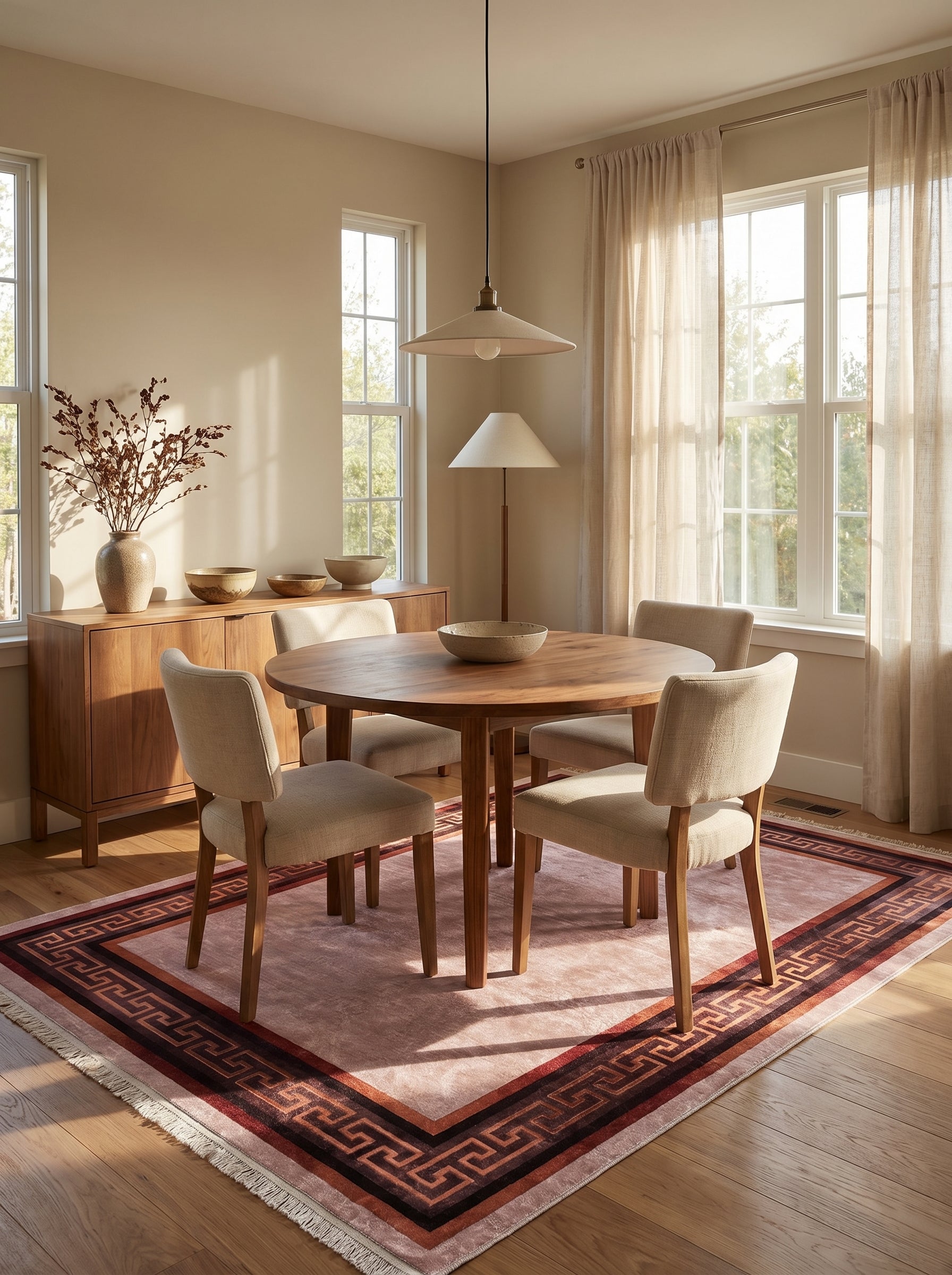 Tapis rectangulaire rose poudré avec franges et une bordure à motifs méandres marron et rouille, dans une salle à manger lumineuse