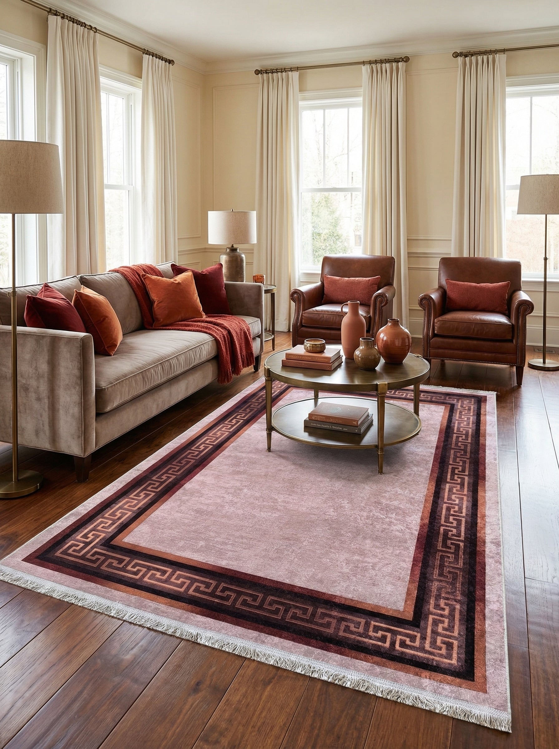Tapis rectangulaire rose pâle à large bordure ornée de motifs clé grecque marron, bordeaux et cuivre, dans un salon
