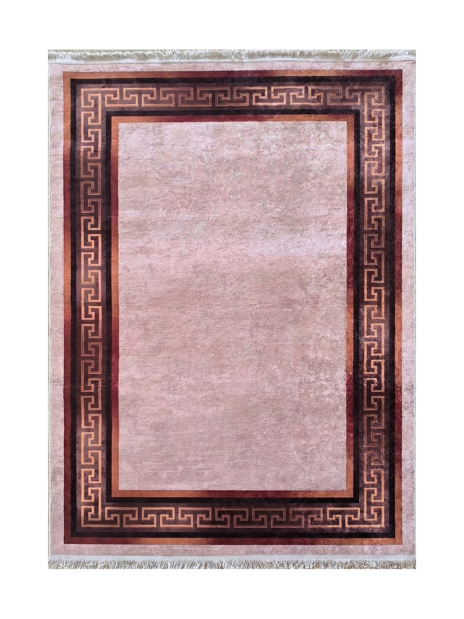 Tapis rectangulaire beige rosé texturé avec une large bordure à motif géométrique grec marron foncé et cuivre, orné de franges