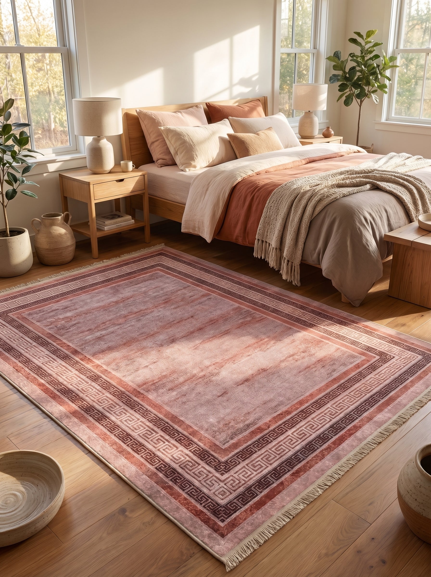 Tapis rectangulaire aux tons rose délavé et terracotta, orné d'un motif méandre grec sur sa bordure, dans une chambre à coucher