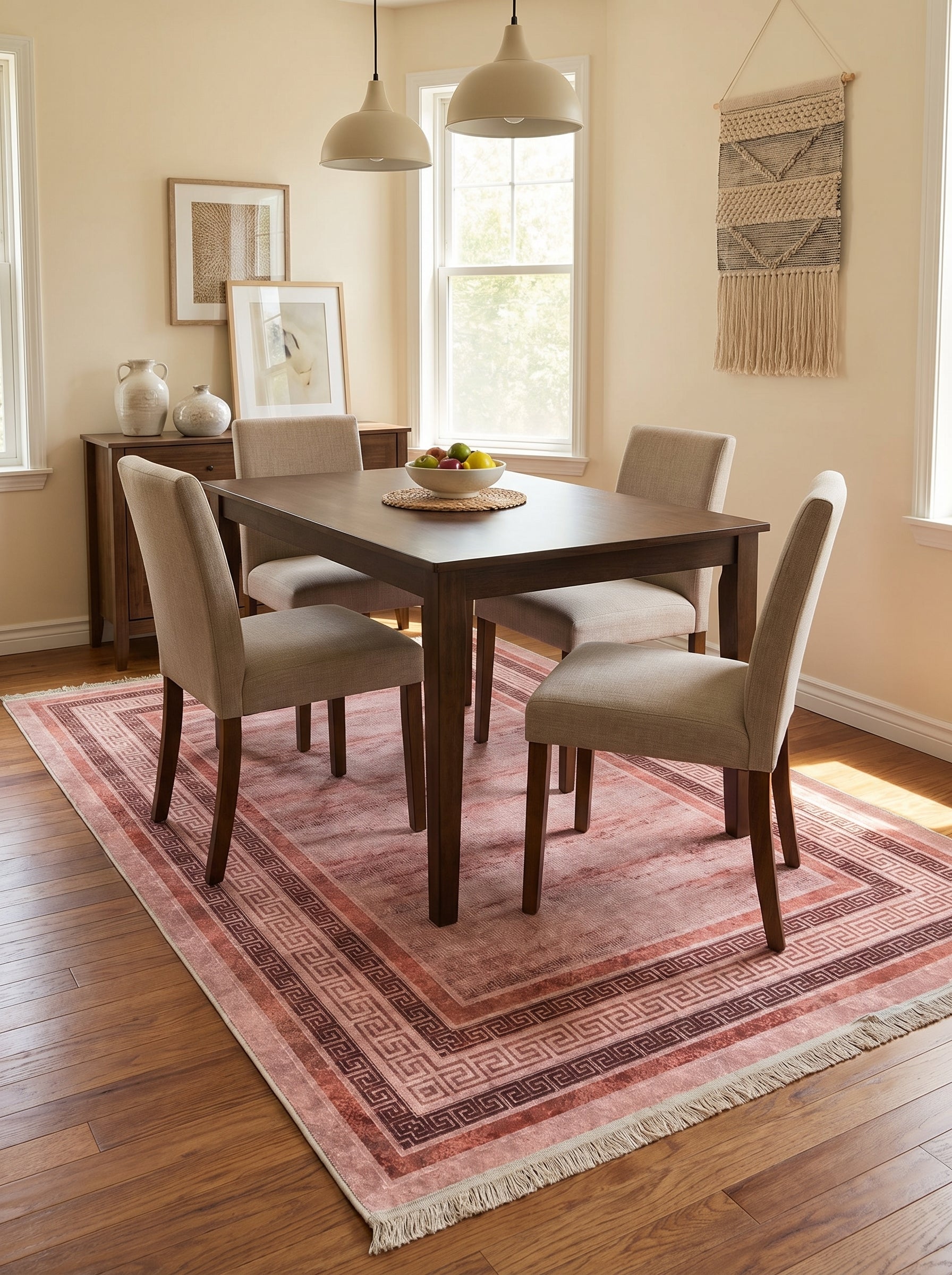 Tapis rectangulaire rose fané à motifs géométriques grecs marrons, avec franges claires, sous une table de salle à manger