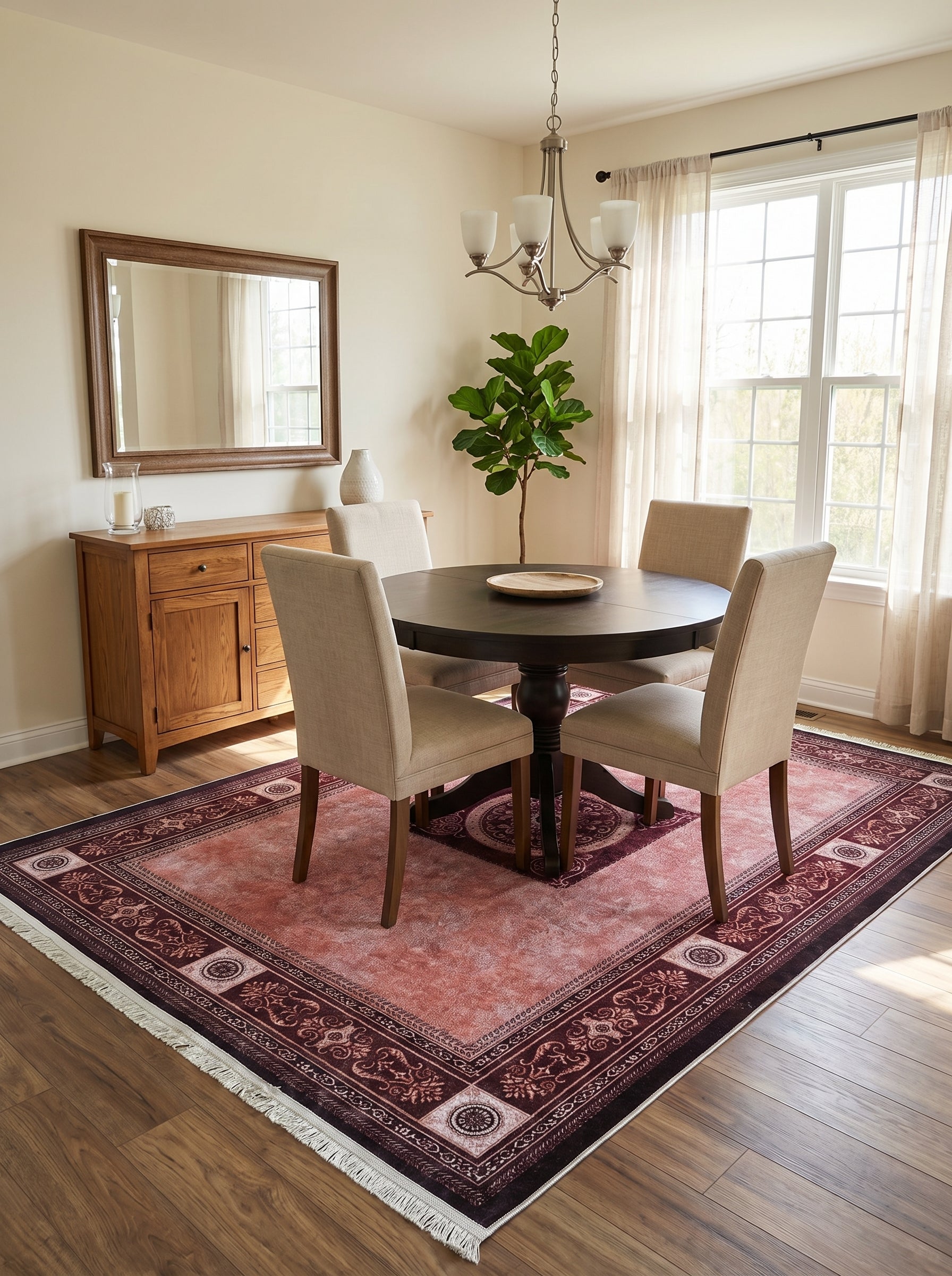 Tapis rectangulaire rose délavé avec une bordure bordeaux ornée de motifs floraux stylisés, posé sur un parquet dans une salle à manger