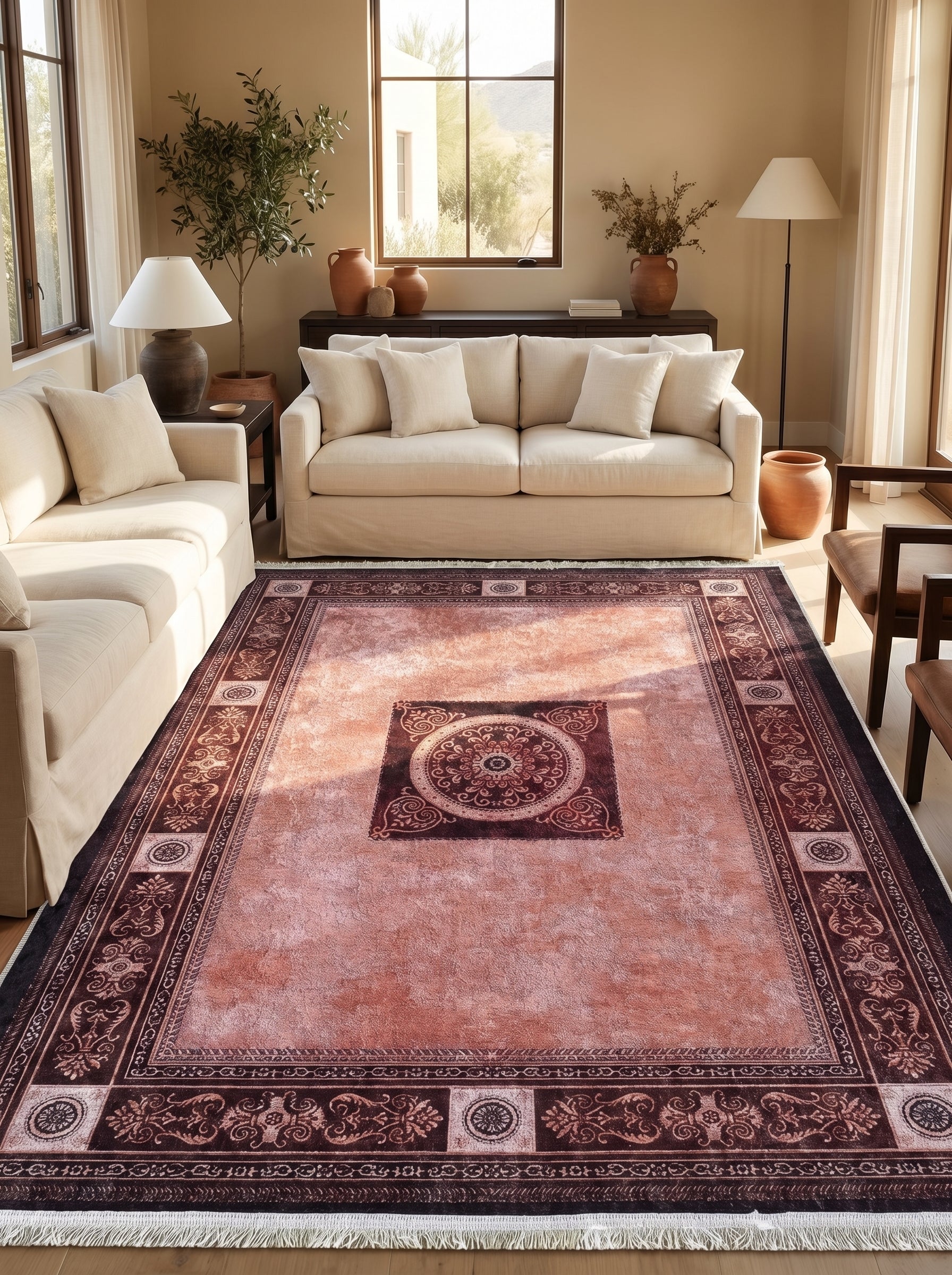 Tapis rectangulaire aux teintes rose terracotta et marron foncé avec motifs floraux et médaillon central, dans un salon