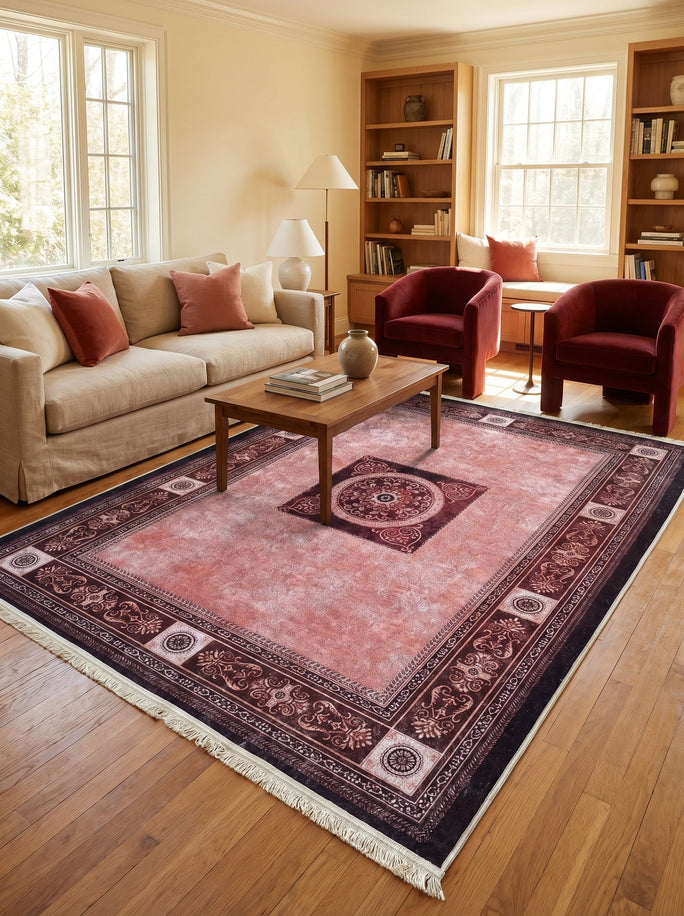 Pink and Burgundy Oriental Washable Rug - Terrazzo