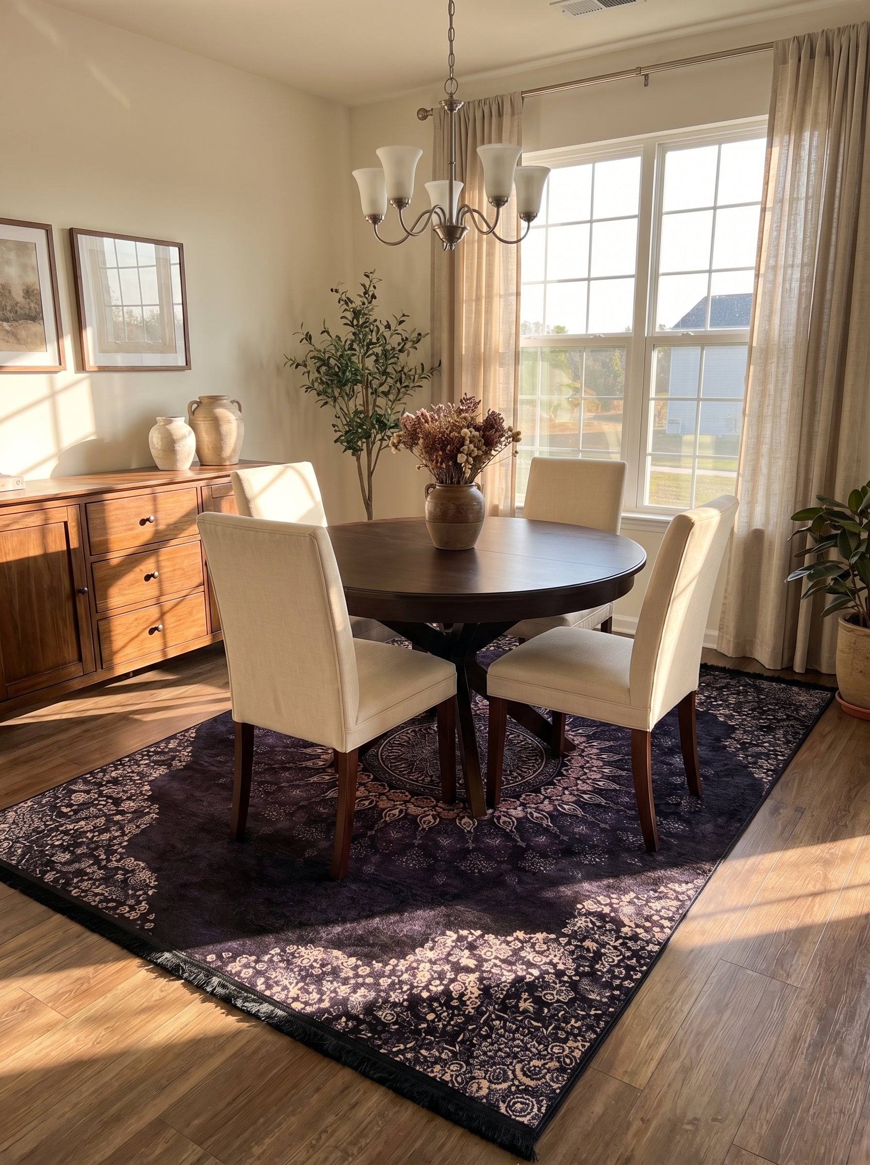 Tapis rectangulaire violet foncé avec motifs floraux et médaillon central beiges et rosés, sous une table dans une salle à manger lumineuse