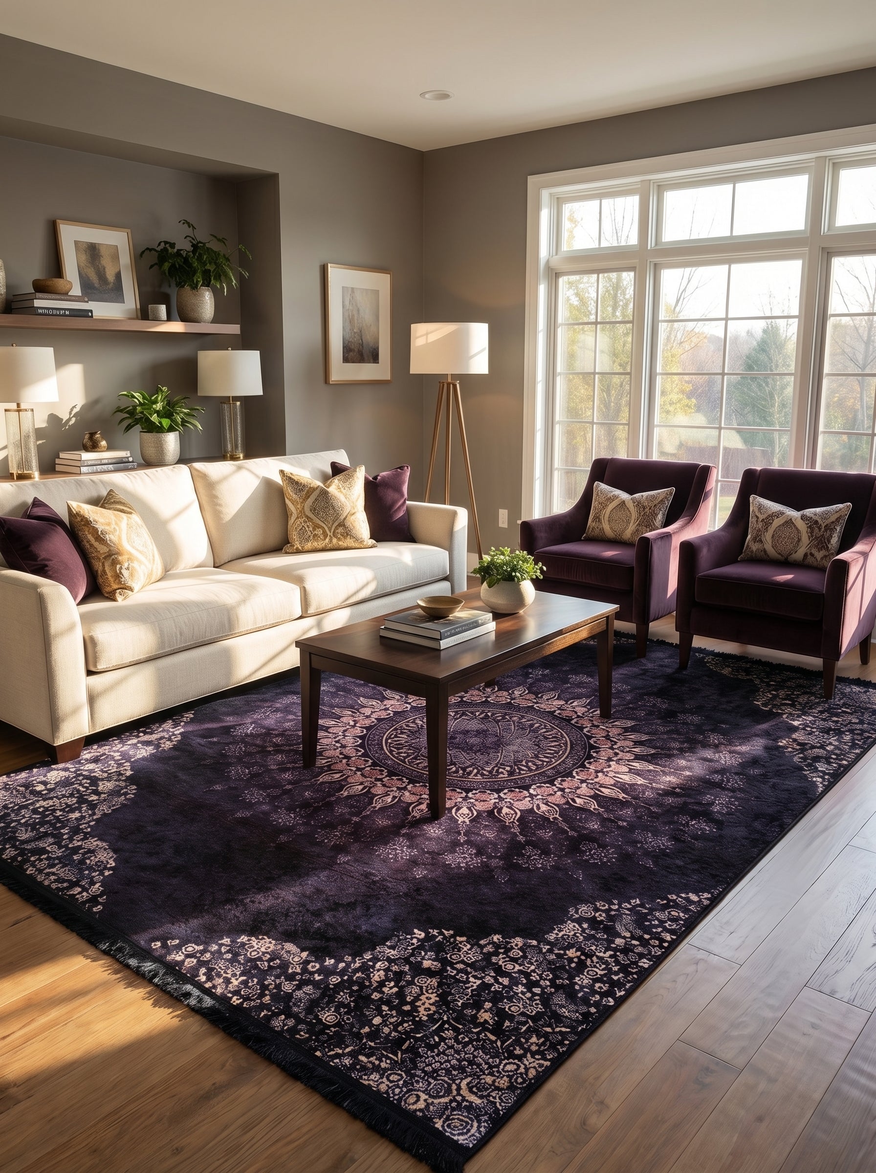 Tapis rectangulaire pourpre profond orné d'un grand médaillon central et de motifs floraux rosés dans un salon lumineux