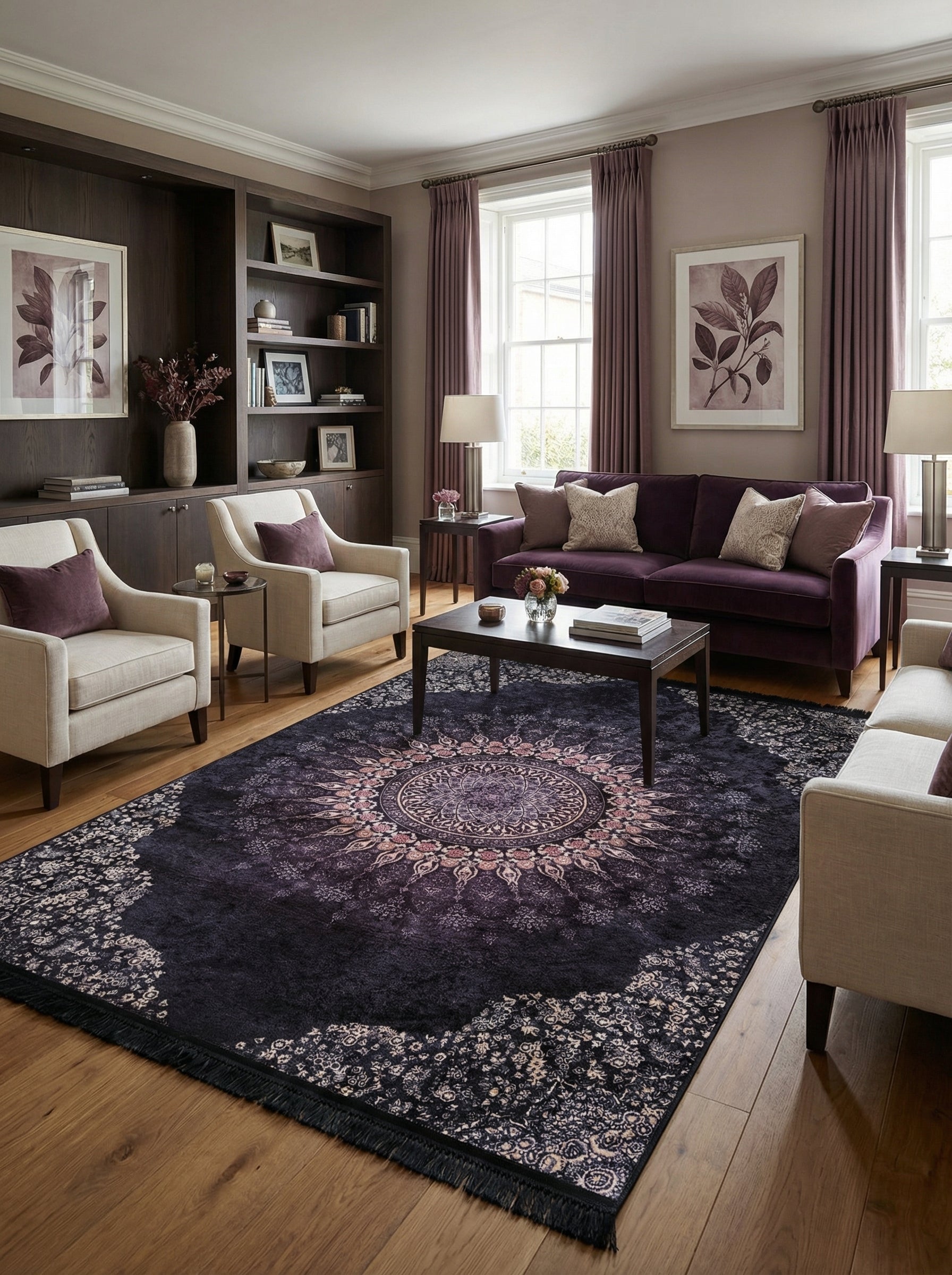 Tapis rectangulaire violet foncé avec un grand médaillon central et des motifs floraux en mauve et crème. Il est dans un salon élégant