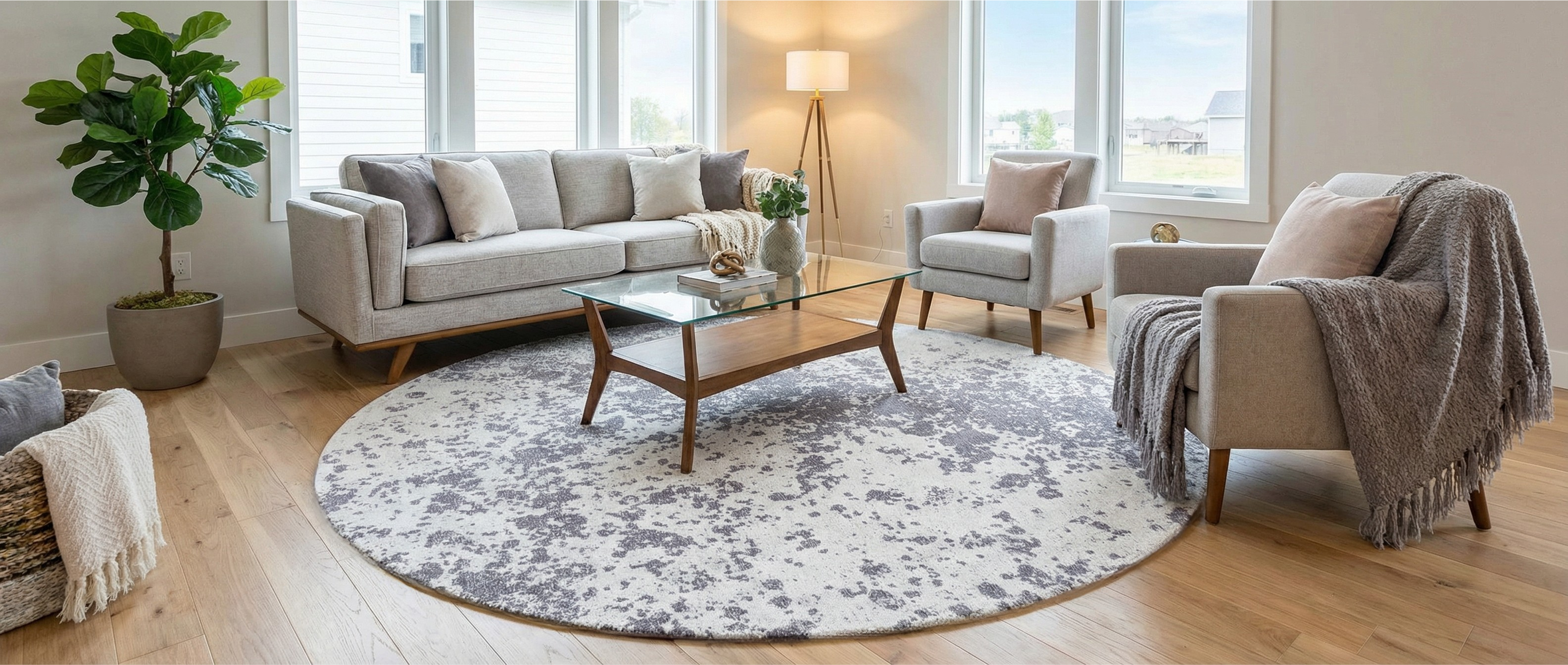 Le tapis rond gris crée une harmonie dans la pièce, transformant l'ambiance