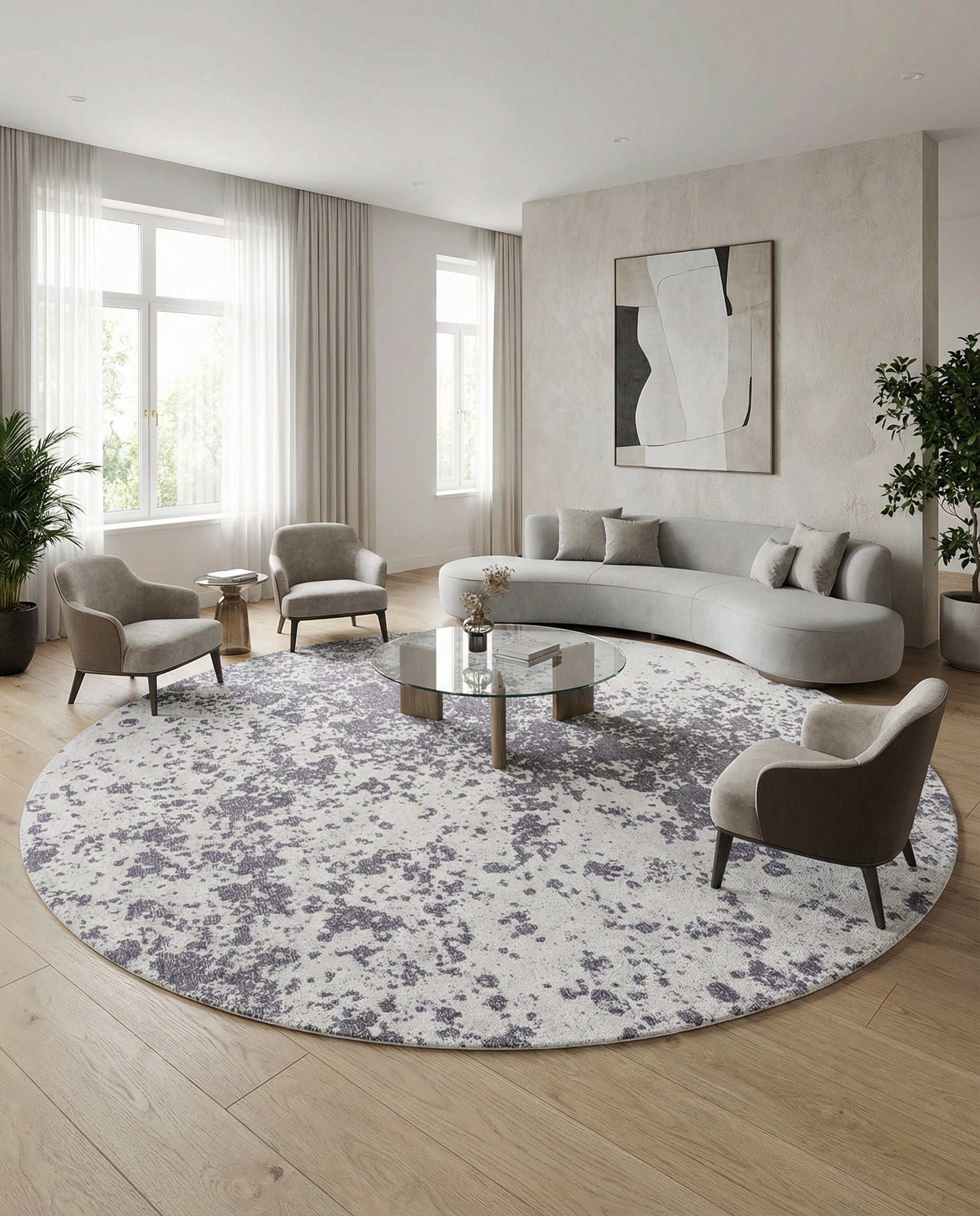 Tapis rond gris clair et foncé, ambiance apaisante dans la pièce, harmonie avec le mobilier, un atout décoratif
