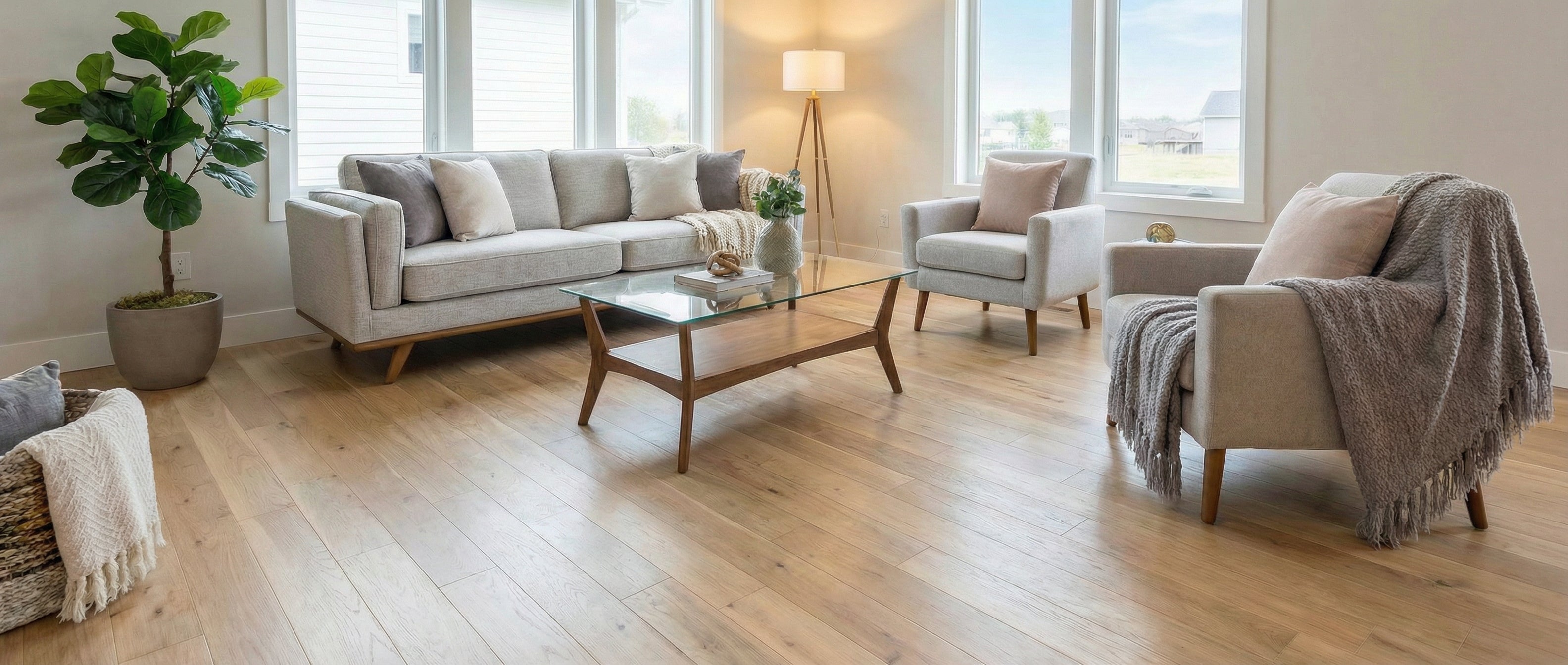 Pièce lumineuse avec canapé, fauteuils gris, parquet clair. Espace vide pour un tapis rond, ambiance cosy