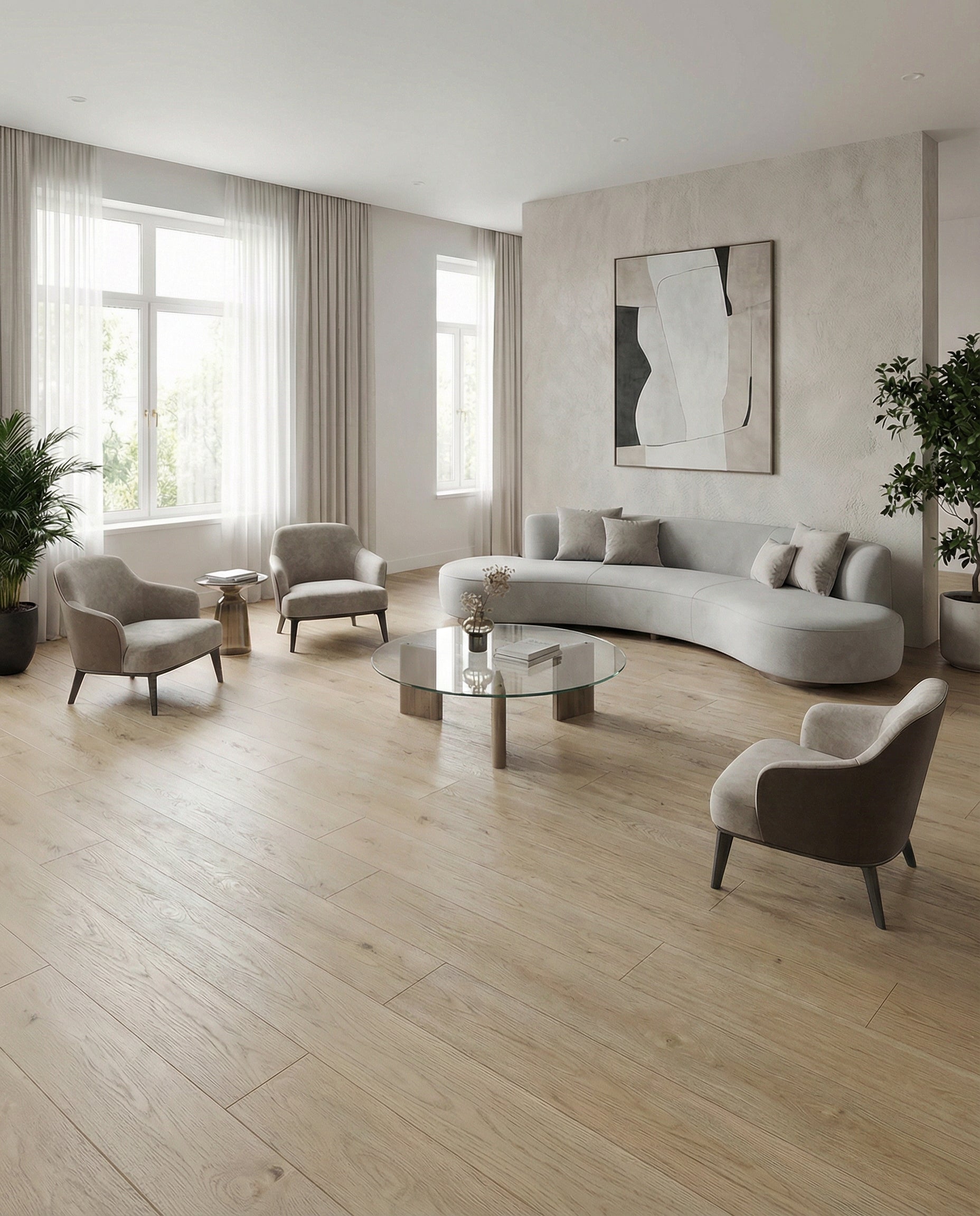 Pièce lumineuse avec parquet clair, canapé gris incurvé, fauteuils assortis, table basse ronde, ambiance neutre