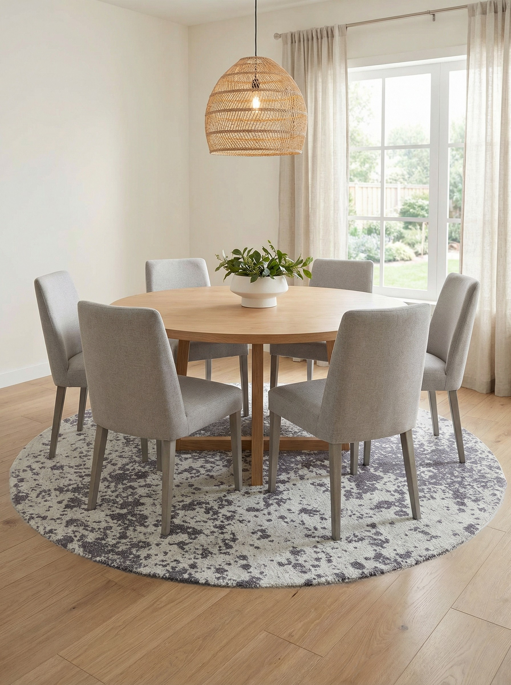 Tapis rond gris sous une table, définissant un espace repas. Ambiance conviviale