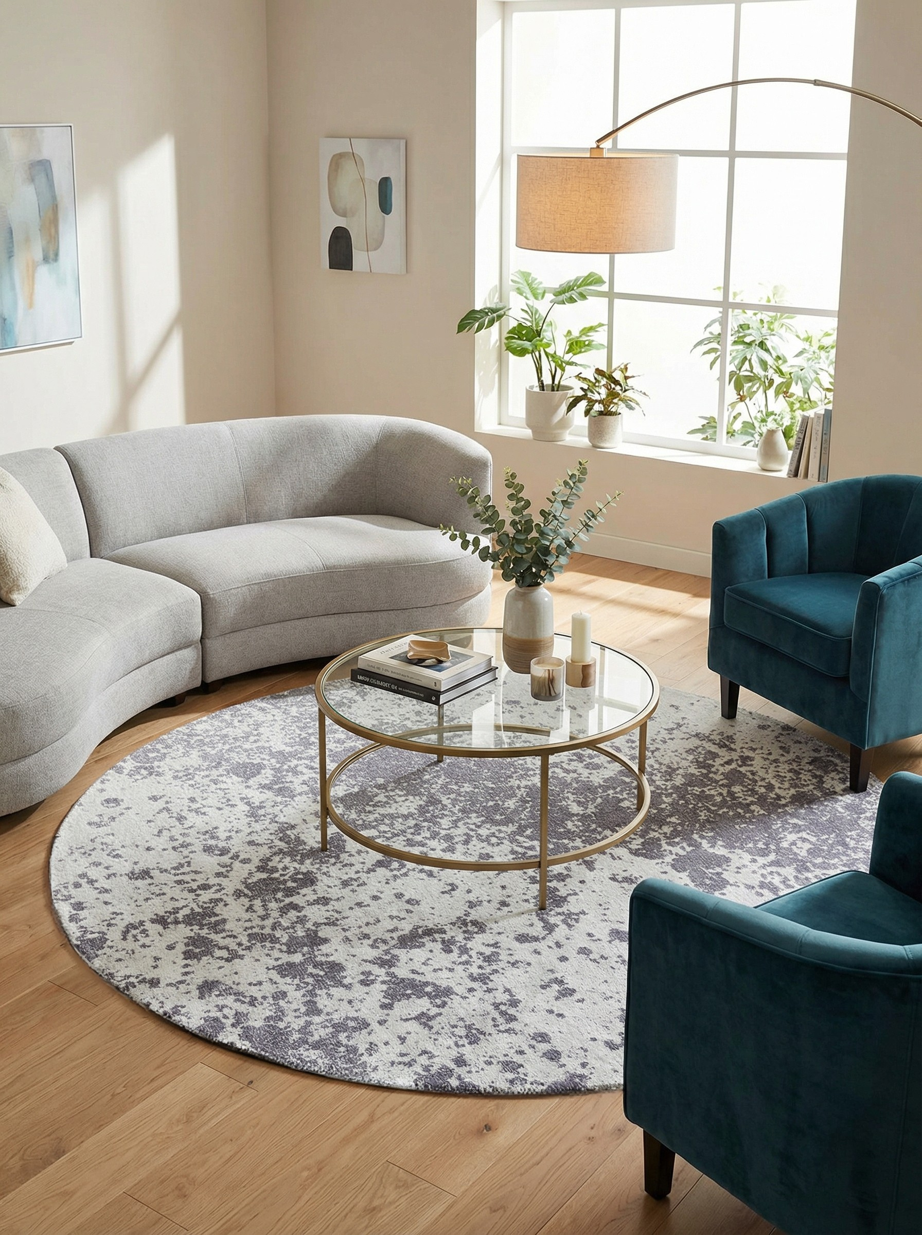 Tapis rond gris clair, ambiance feutrée dans le salon. Harmonie avec le décor clair, motifs discrets