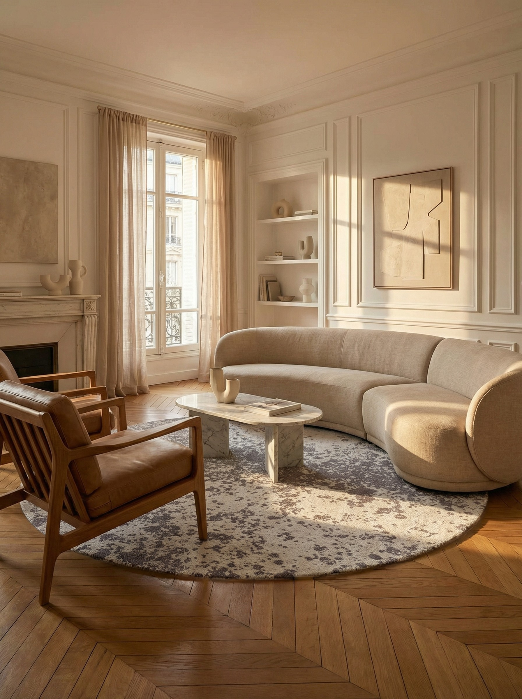 Tapis rond gris, ambiance soirée, convivialité et élégance dans le salon