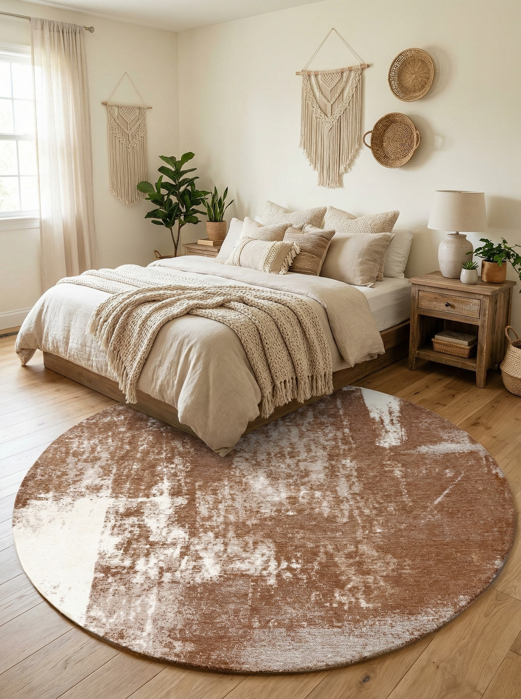 Tapis rond terracotta et ambre, douceur et confort dans une chambre, ambiance reposante