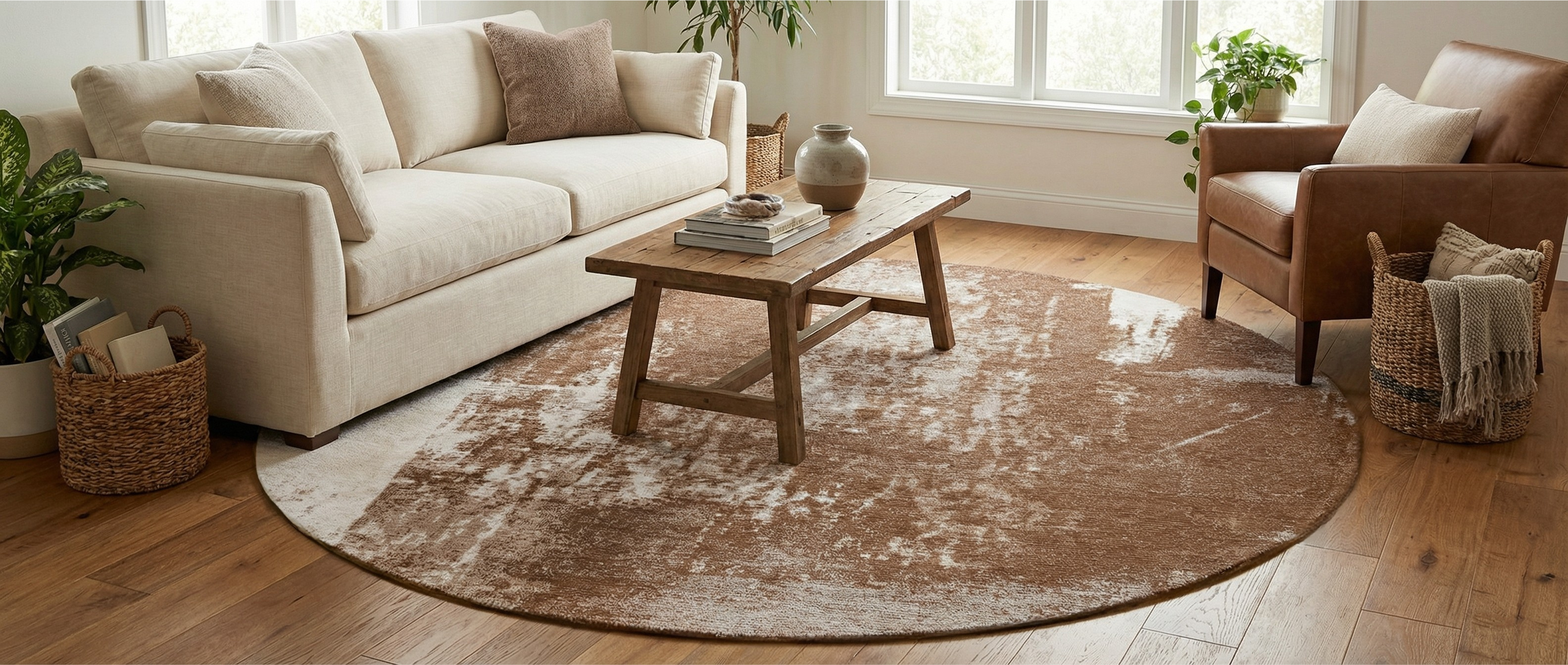 Le tapis rond terracotta transforme la pièce. Il crée une harmonie chaleureuse et naturelle