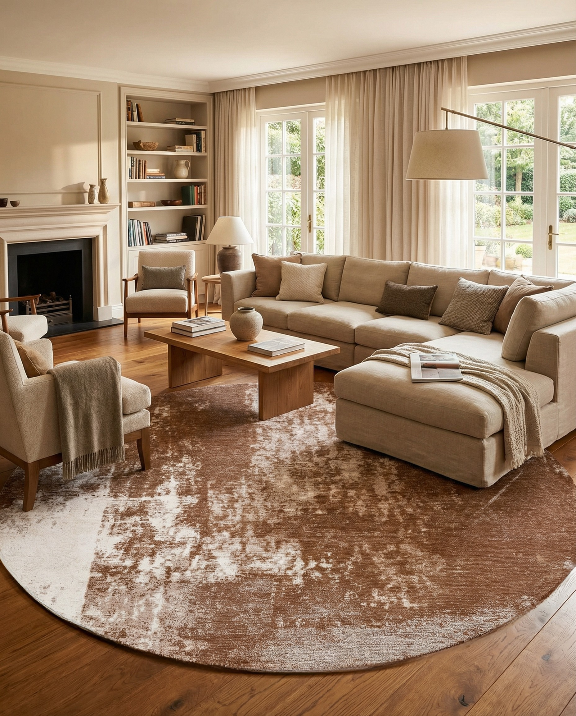 Tapis rond terracotta. Ambiance chaleureuse dans la pièce grâce aux couleurs chaudes