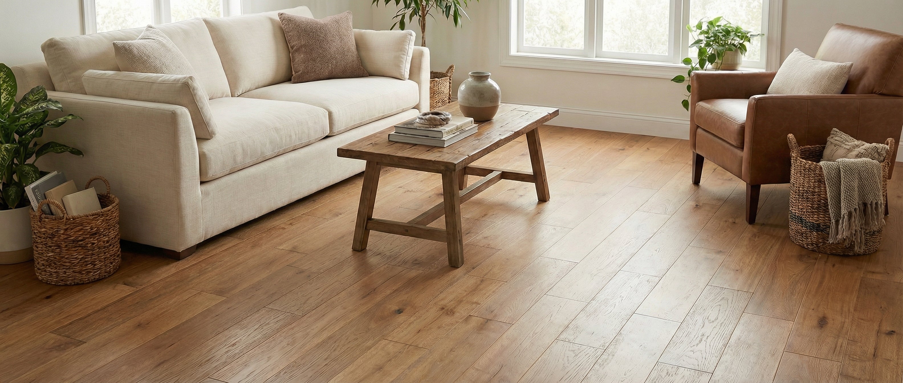 Pièce lumineuse avec parquet clair. Canapé beige, fauteuil cuir marron. Espace vide pour tapis rond, ambiance chaleureuse