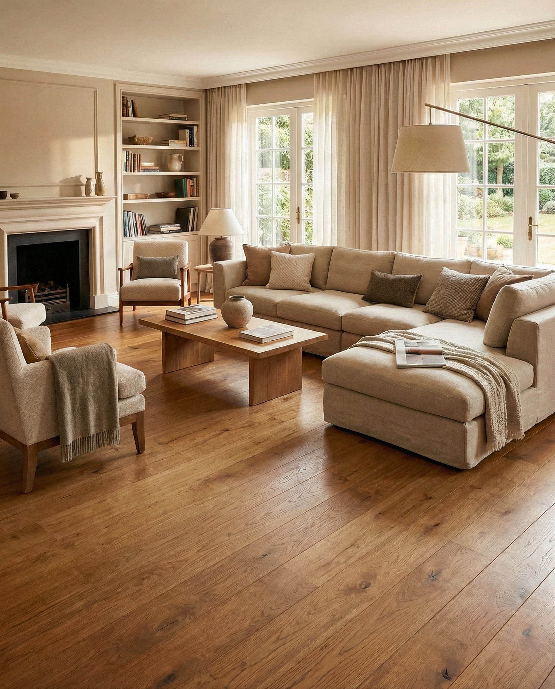 Pièce chaleureuse avec parquet clair, canapé beige, fauteuils, cheminée, bibliothèque, ambiance lumineuse, espace à