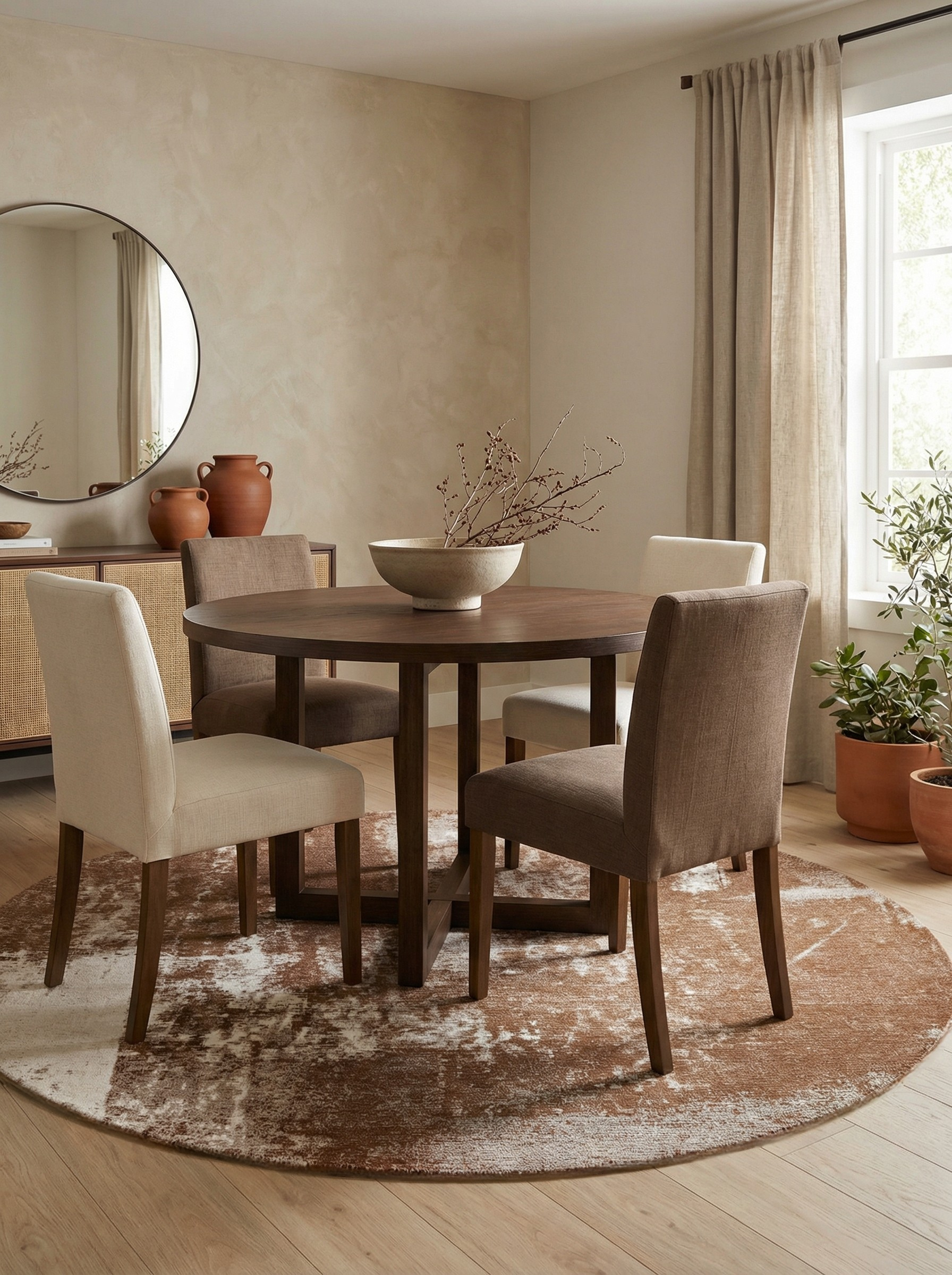 Tapis rond terracotta. Définit l'espace repas, ambiance chaleureuse et conviviale