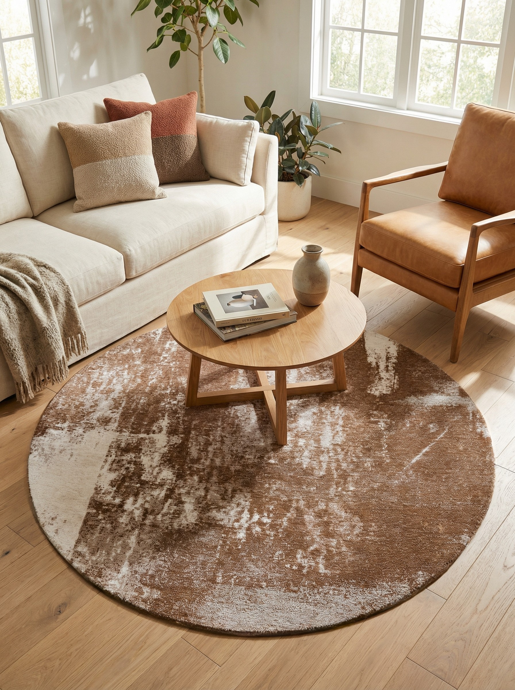 Tapis rond terracotta. Crée une ambiance chaleureuse dans le salon. Harmonie avec le décor clair et naturel
