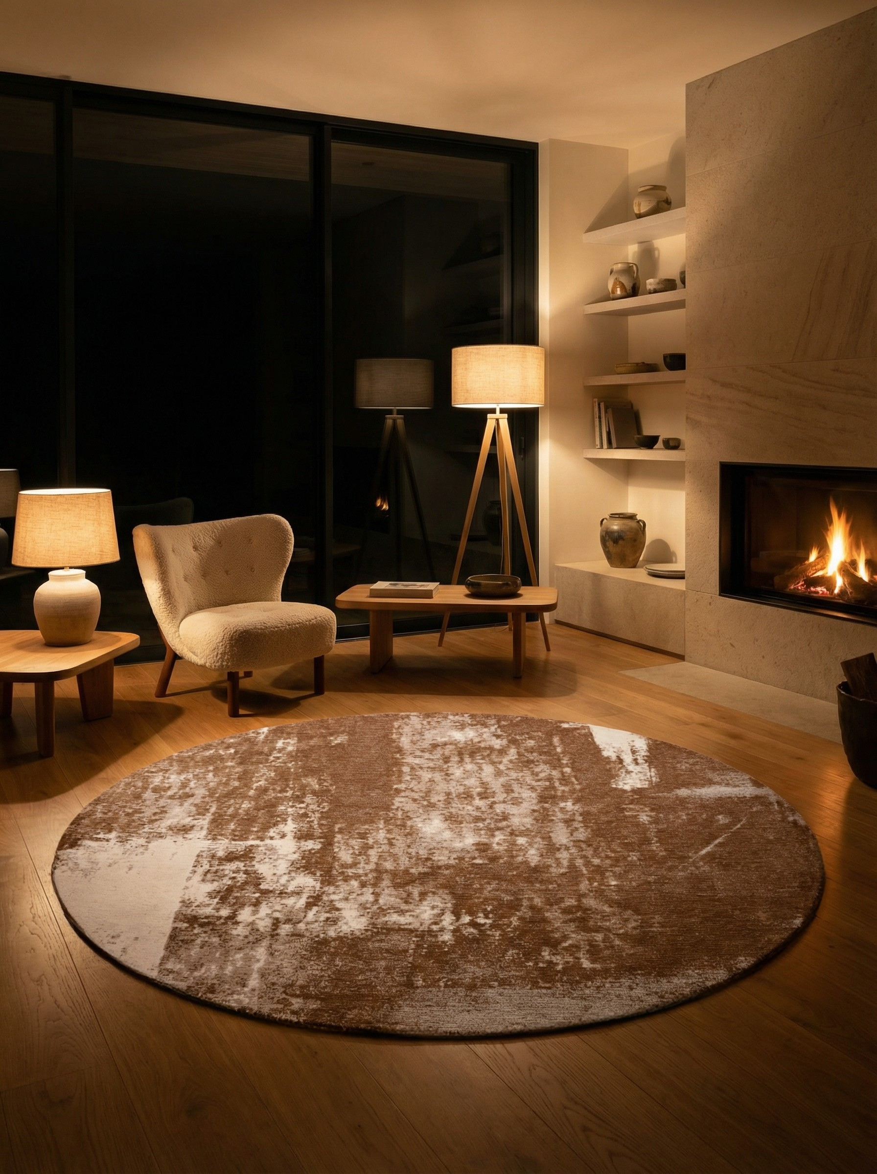 Tapis rond terracotta, éclairage doux, ambiance chaleureuse dans la pièce, atmosphère tamisée