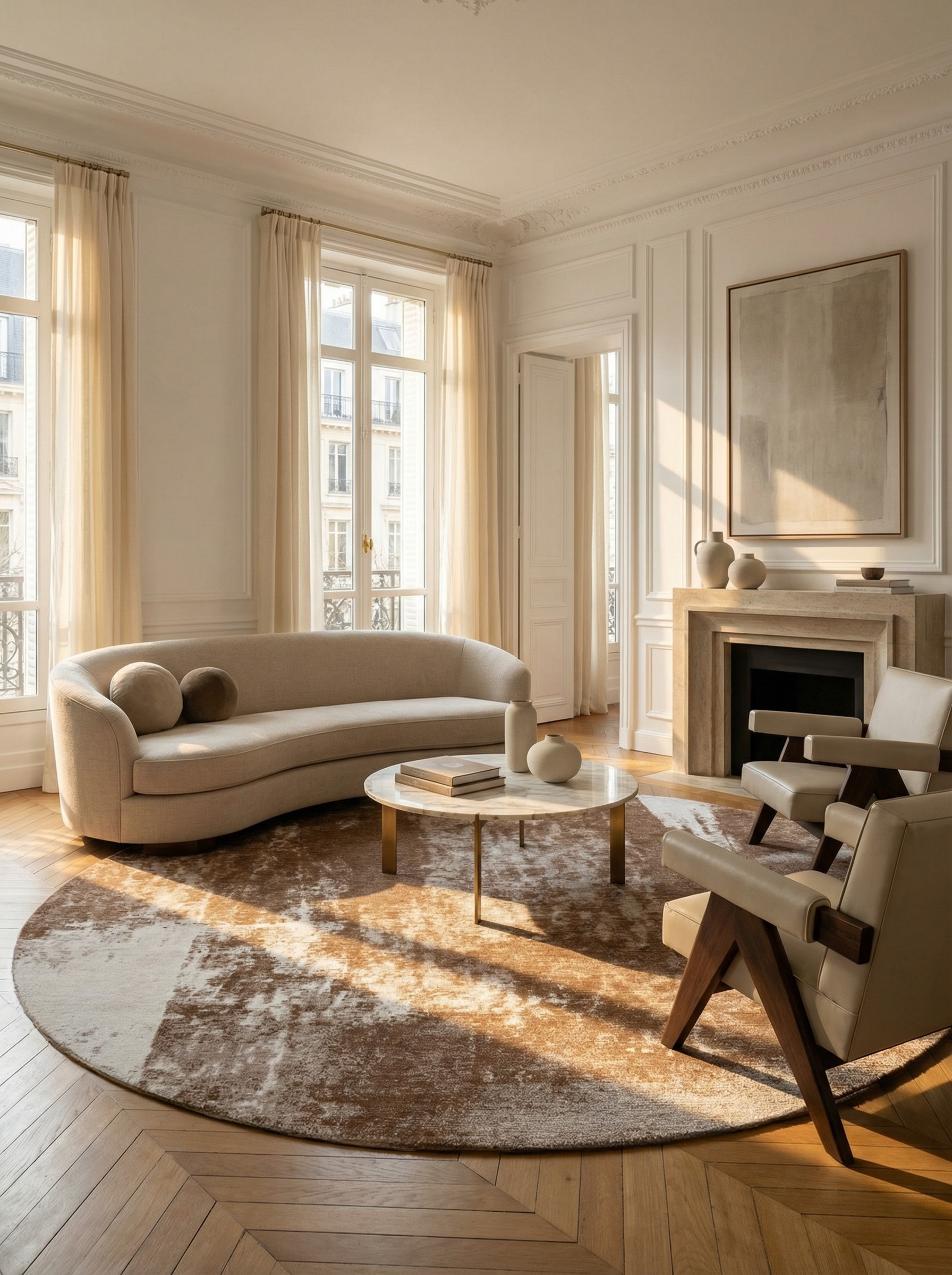 Tapis rond terracotta, ambiance soirée. Convivialité et élégance dans cette pièce